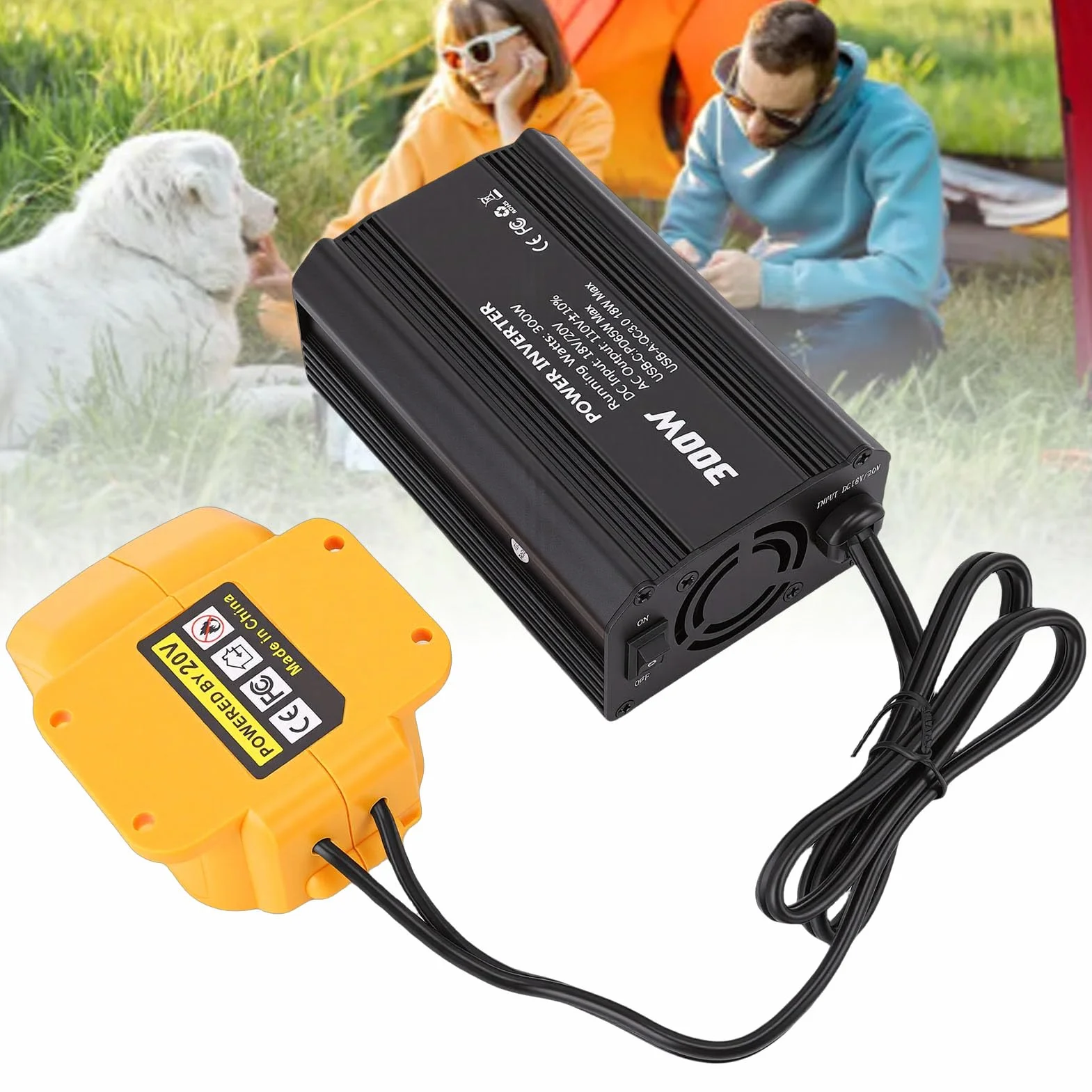 Generic Inwerter Akumulatorowy o Mocy 300 W z 2 Gniazdami Prądu Przemiennego i 1 Portem USB A Pasuje do Akumulatora Konwertuje Zasilanie 18 V na Napięcie 110 V AC Idealny do Wycieczek Samochodowych