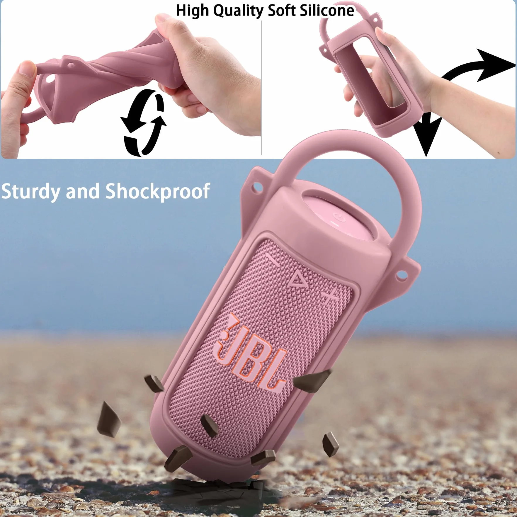 co2CREA Kompatybilny silikonowy pokrowiec z JBL Grip Przenośnym Głośnikiem Bluetooth, przenośny, ultralekki pokrowiec ochronny z karabińczykiem i paskiem na ramię (jeśli dotyczy)