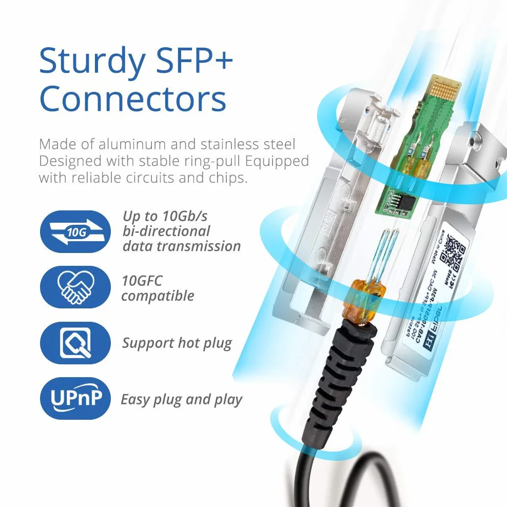 H!Fiber.com Twinax SFP+ 10GBase-CU 10GBase-CU Pasywny miedziany kabel DAC SFP+ do Cisco SFP-H10GB-CU1M, Ubiquiti, Supermicro, Netgear, Mikrotik i innych otwartych przełączników