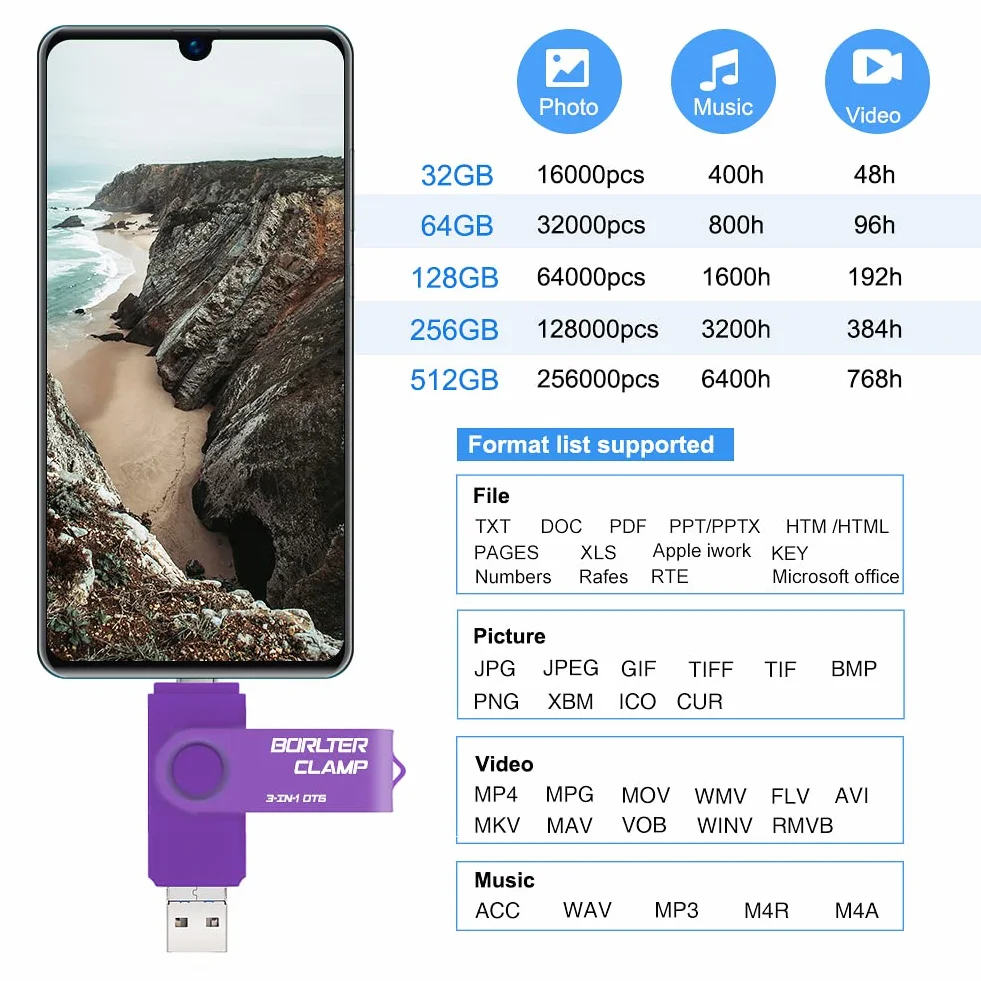 BorlterClamp OTG USB 3.0 Stick 3 w 1 do telefonów Android, Samsunga Galaxy, laptopów i innych (fioletowy)