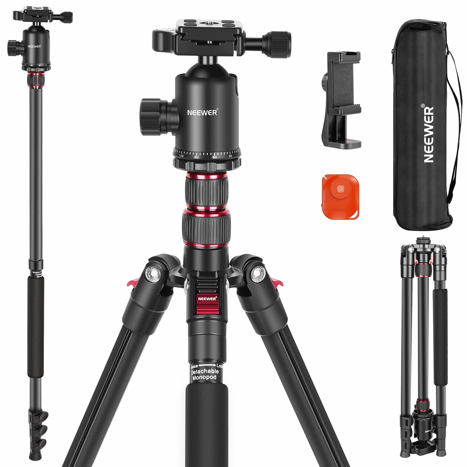 NEEWER Statyw do aparatu 195.6 cm z uchwytem na telefon, przenośny statyw podróżny z pilotem, głowica kulowa 360°, 2-osiowa kolumna środkowa, płyta QR Arca i torba, aluminiowy statyw DSLR maks.
