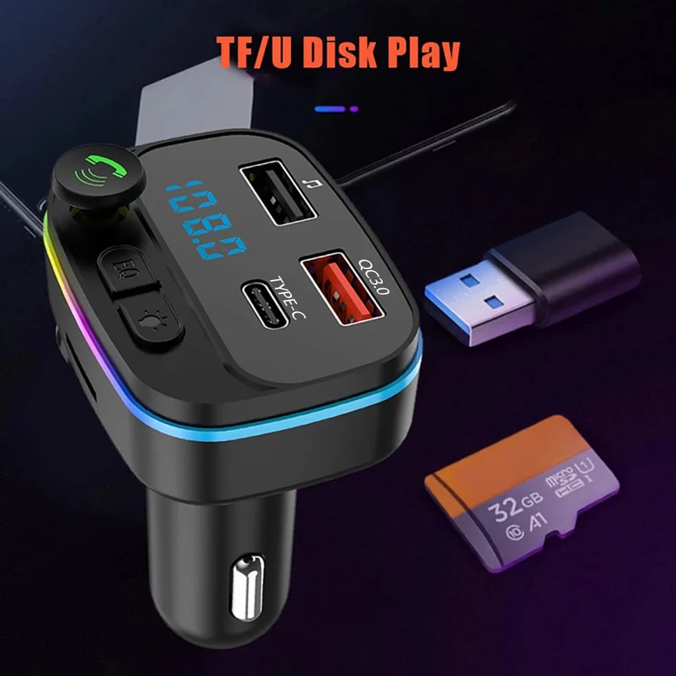 Nadajnik FM, adapter samochodowy Bluetooth, odtwarzacz muzyczny MP3,2 porty USB 5V/3A, szybka ładowarka samochodowa PD 20 W QC3.0 + typ C, połączenie głośnomówiące, obsługa karty TF/USB