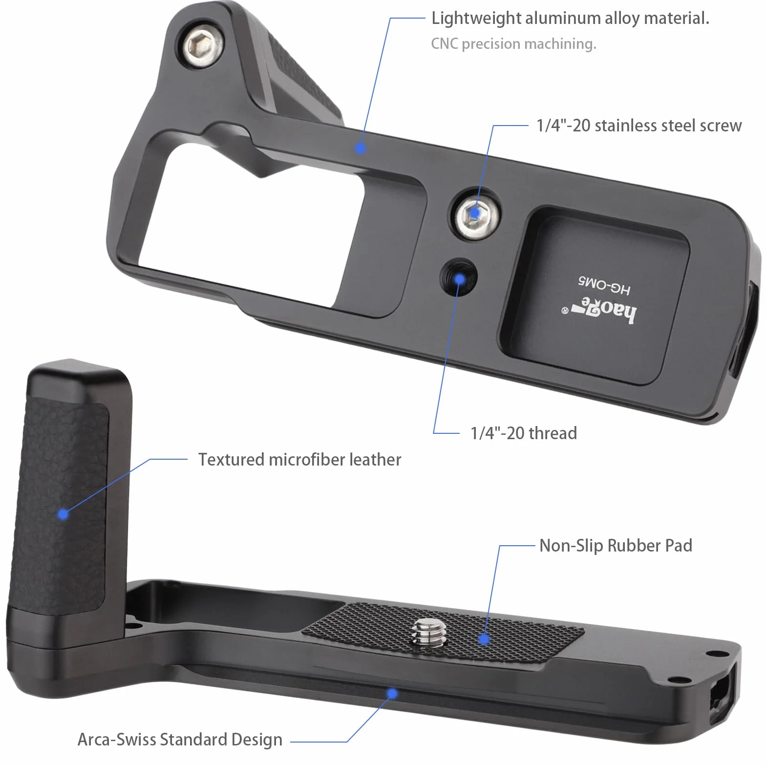 Haoge HG-OM5 uchwyt na kamerę uchwyt ręczny do OM SYSTEM OM-5 wbudowany Arca Swiss Standard Quick Release Plate