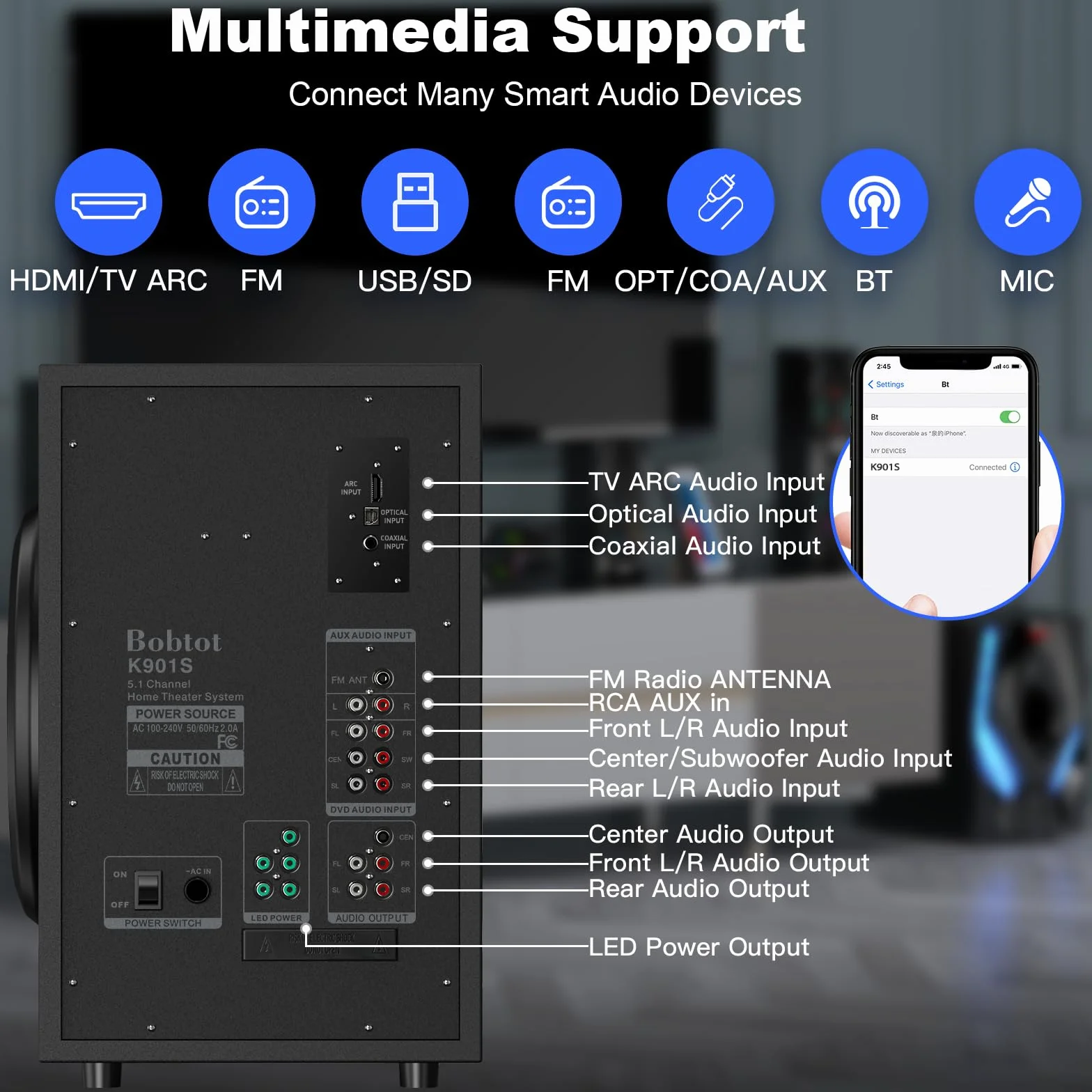 Bobtot System dźwięku przestrzennego kina domowego – 1200 W 10-calowy subwoofer 5.1-kanałowy system audio stereo z optycznym wejściem Bluetooth HDMI ARC do telewizora 4K Ultra HD AV, DVD, radia FM