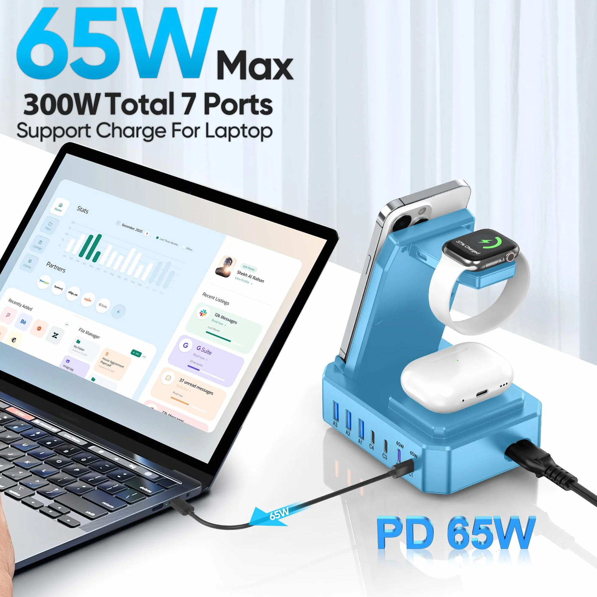 Stacja ładująca 300 W do wielu urządzeń Apple, bezprzewodowa ładowarka Zutspzss 10 w 1 do iPhone'a 16, GaN III USB C 65 W PD szybka stacja ładująca do Apple Watch i Airpods, niebieska