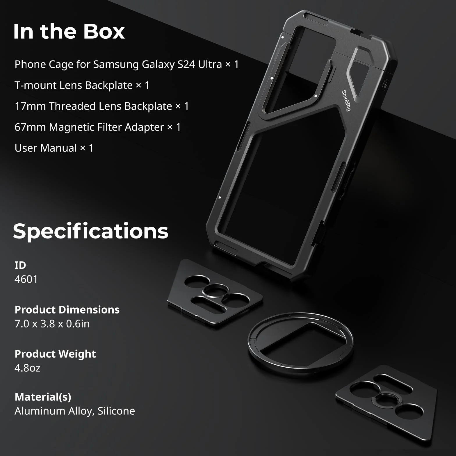 SMALLRIG dla Samsung Galaxy S24 Ultra Phone Cage (projekt QR) z Adapterem Filtra 67mm, Płytką Tylną Obiektywu z Mocowaniem T, Płytką Tylną Obiektywu 17mm, Mobile Video Rig dla S24 Ultra - 4601