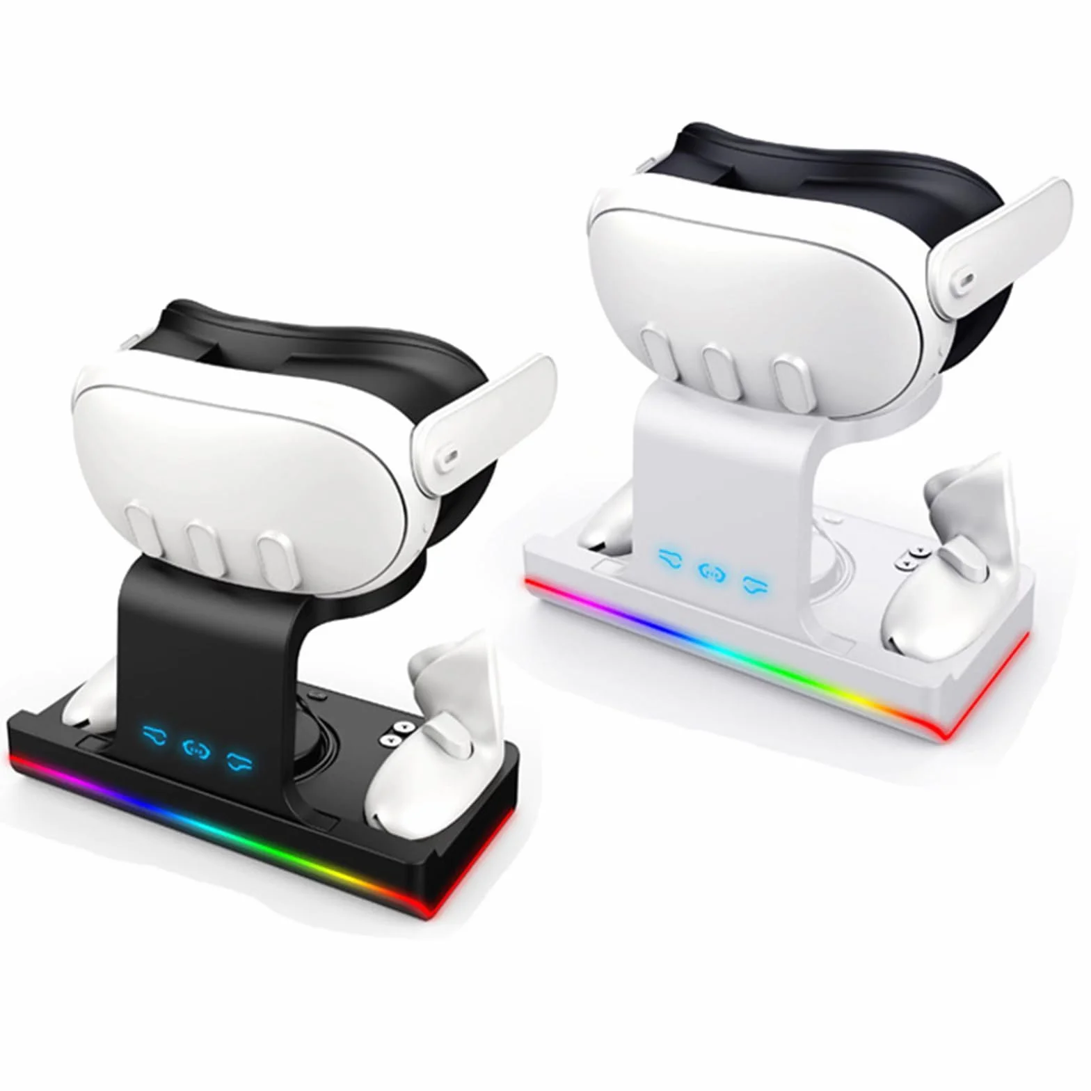 Kontrolery VR i zestaw słuchawkowy stacja dokująca do ładowania kompatybilna z Meta Quest 3, zestaw słuchawkowy i kontrolery, pionowa podstawa do przechowywania z trybami oświetlenia RGB