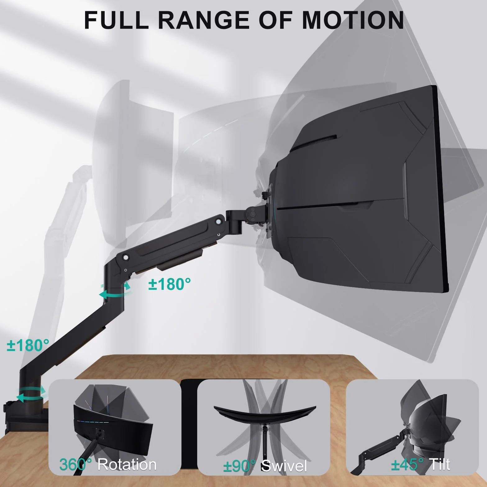 WALI Ramię ze sprężyną gazową z pojedynczym monitorem do ultrawide ekranu do 35 cali i 15 kg, wytrzymały stojak na monitor, w pełni regulowany uchwyt na biurko, VESA 75 i 100 mm, czarny (GSM001XL)