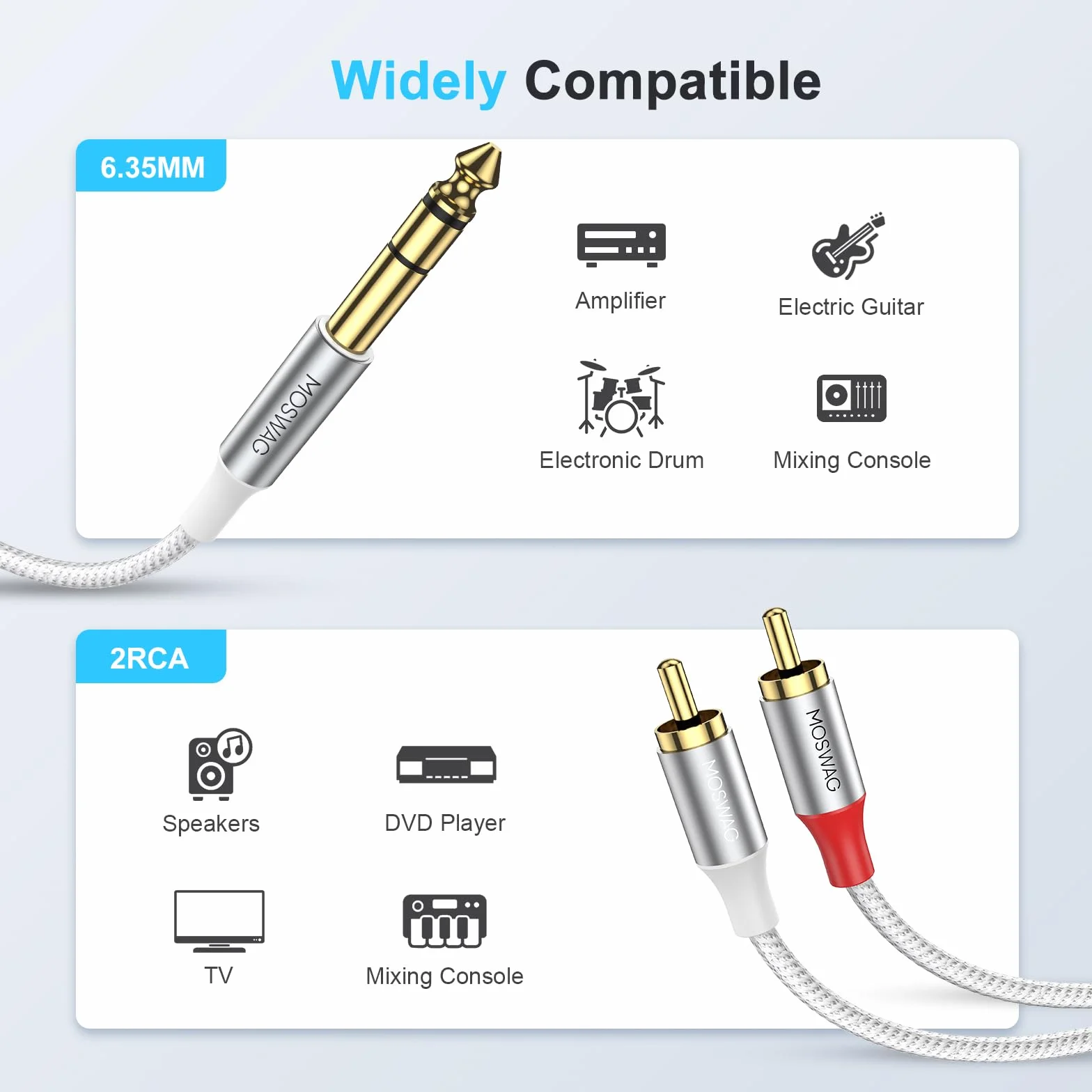MOSWAG 6,35 mm TRS do Dual RCA kabel audio Y rozdzielacz miedziana obudowa