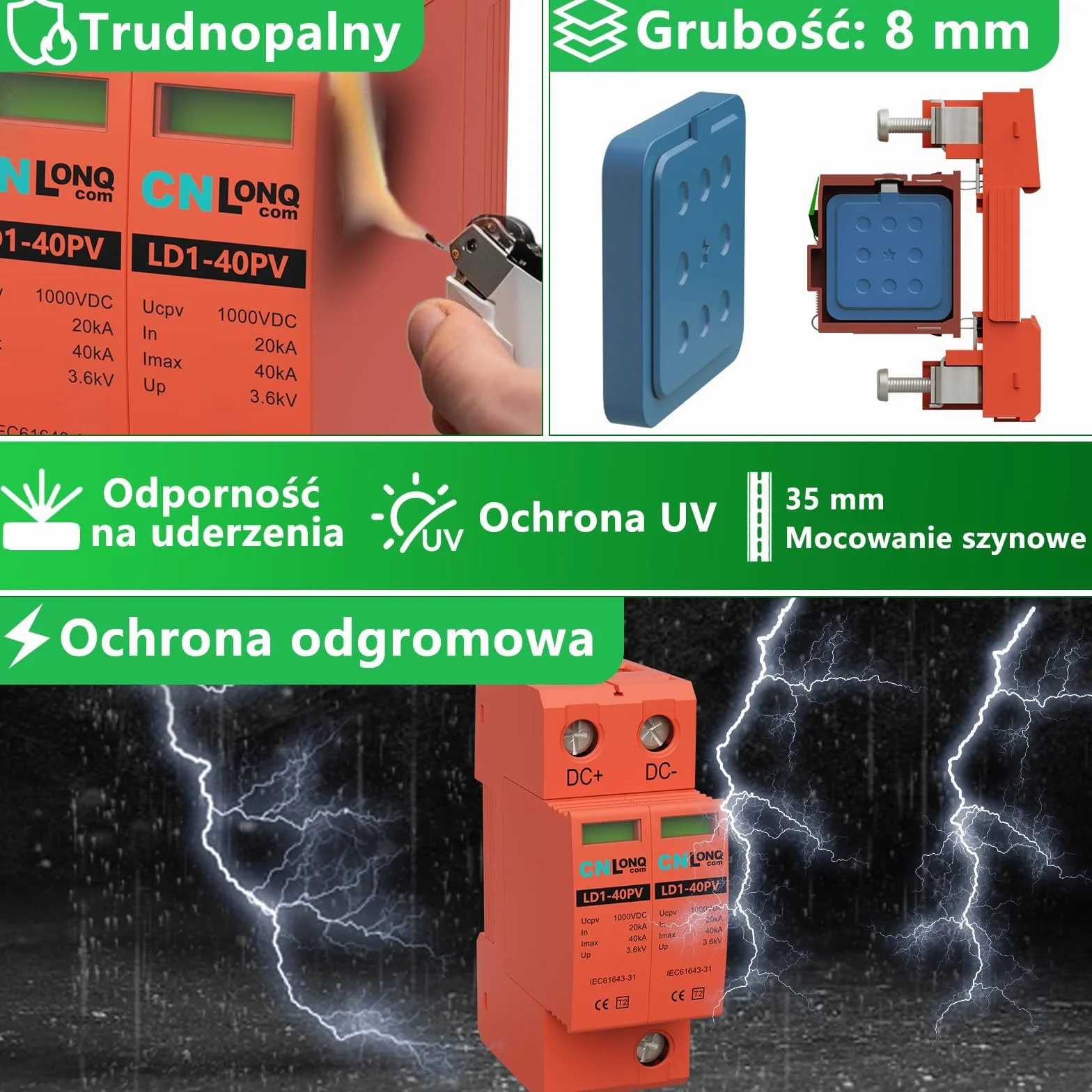 CNLonQ 2 Sztuki Solar Fotowoltaiczne urządzenie ochrony przeciwprzepięciowej Ogranicznik przepięć DC1000V 2P T2 20kA/40kA, montaż na szynie DIN 35mm