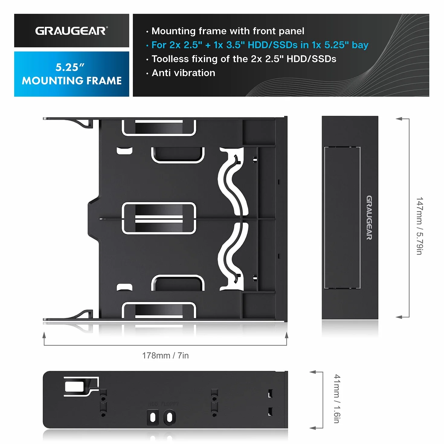 GRAUGEAR | ramka montażowa do 2 x 2,5 cala HDD/SSD i 1 x 3,5-calowych dysków HDD na 5,25 cala | osłona przednia 5,25" | G-CV-235T525