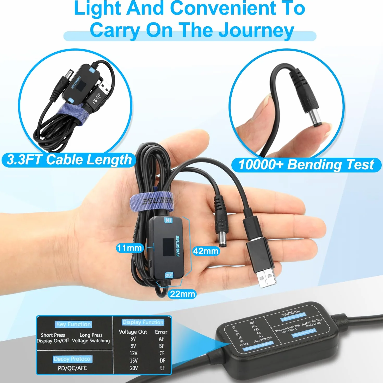FARSENSE Adapter USB C na DC, kabel wyzwalający PD (1,5 m) z 10 końcówkami Connecor, kabel zasilający USB na DC może przełączać napięcie poprzez naciśnięcie klawisza i obsługuje napięcie wyświetlacza