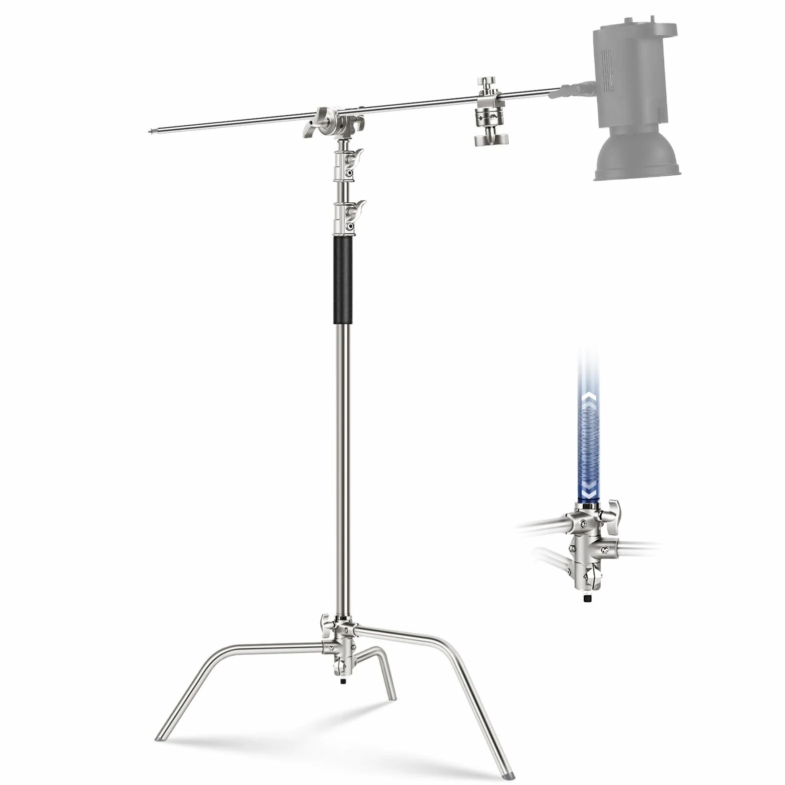 NEEWER BASICS 100% wytrzymały stojak ze stali nierdzewnej C z ramieniem wysięgnika, maks. 320 cm stojak na światło fotograficzne, ramię trzymające 128 cm, 2 głowice chwytne do reflektora Studio