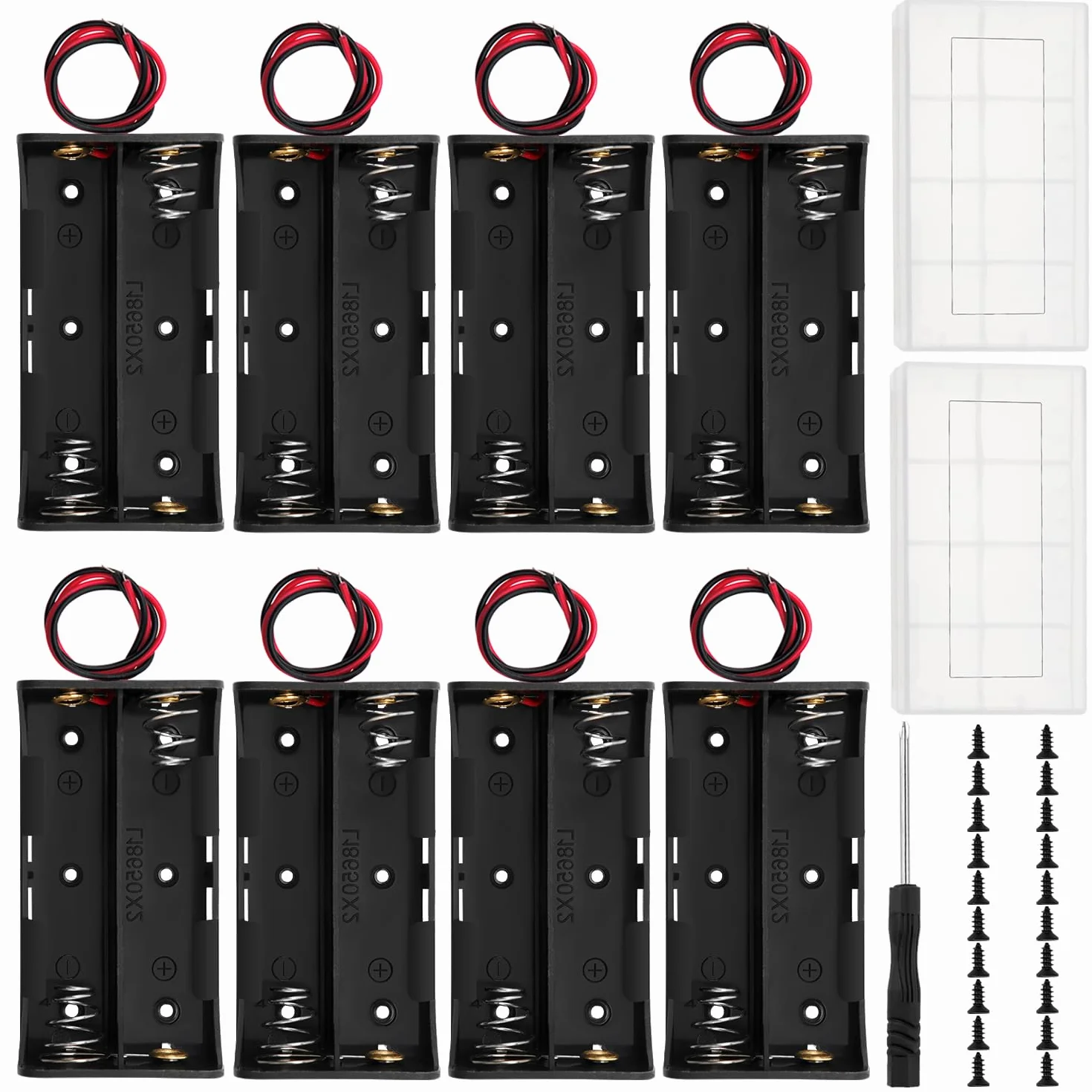 8 Sztuk 18650 Uchwyty na Baterie, KUOQIY 2 x 3.7V Battery Storage Box z Wire, z 2 Sztuk Plastikowym Pojemnikiem na Baterie i Śrubokrętami i Śrubami