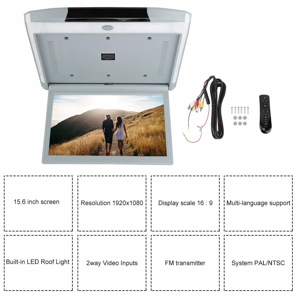 Monitor montażu dachowego Xtevu, ekran samochodowy w dół, wyświetlacz wideo 15,6 cala HDMI USB, samochodowy monitor rozrywki na głowie, ekran dotykowy montowany na