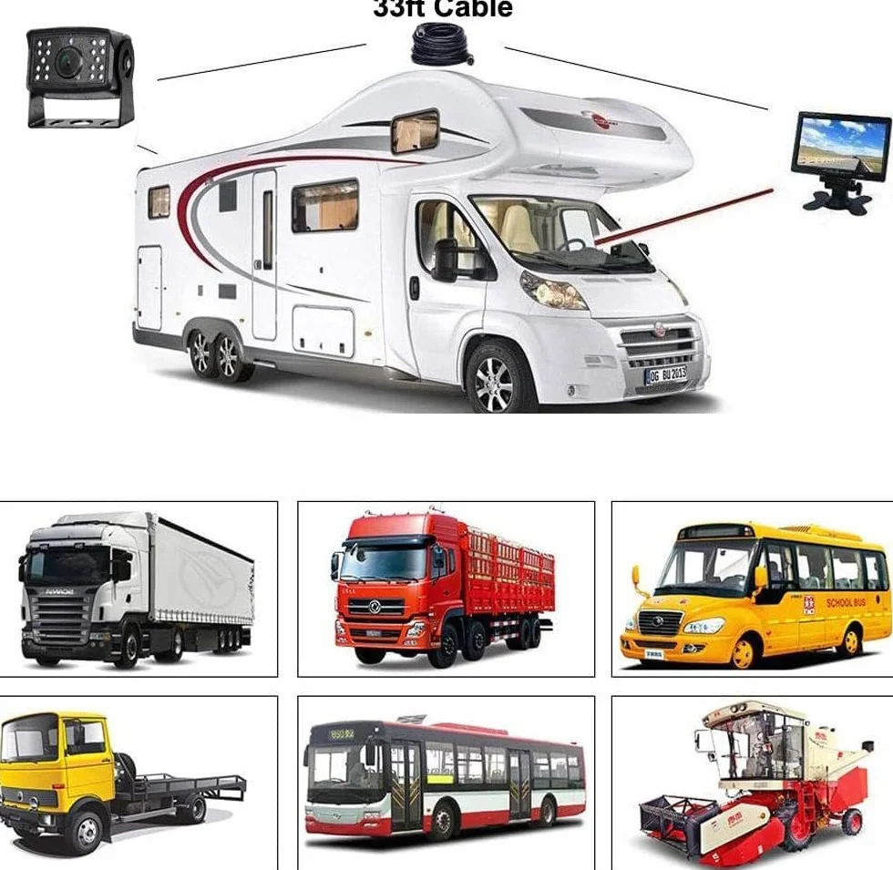 12 V 24 V kamera cofania pojazdu i 7 cali HD TFT LCD system monitoringu cofania do przyczepy kempingowej, wodoodporna kamera cofania w nocy z 33 ft 4-pinowym złączem lotniczym