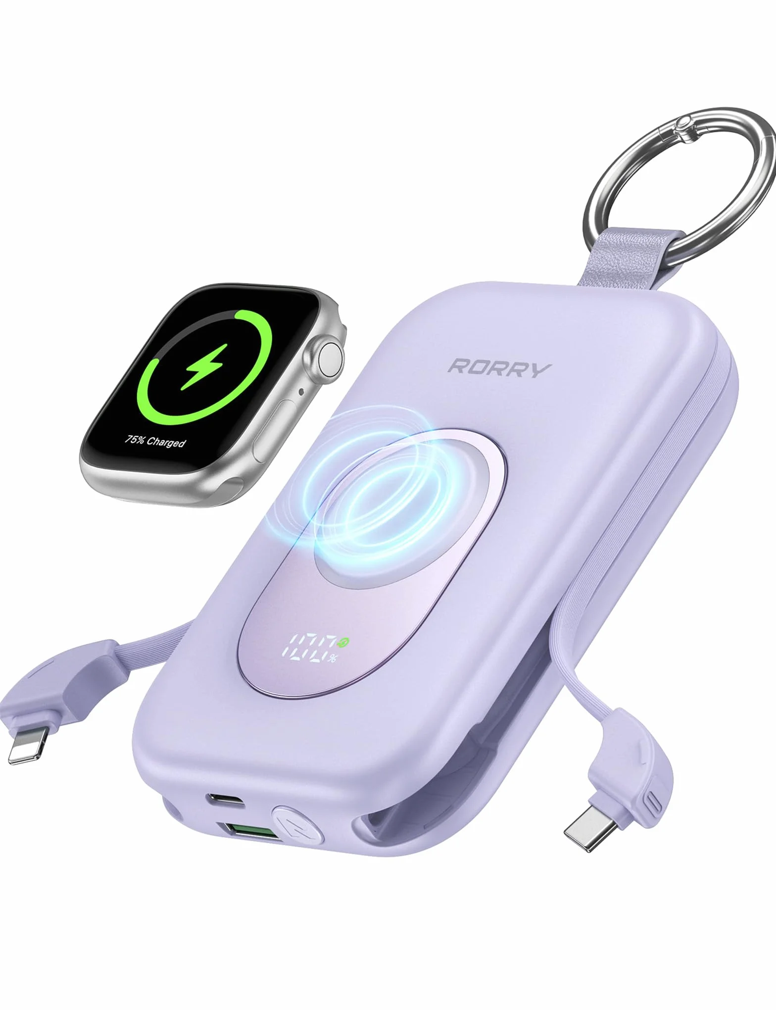 RORRY Powerbank, Power Bank 20 000 mAh, 30 W PD, szybkie ładowanie, przenośna ładowarka z 2 wbudowanymi kablami, zewnętrzna bateria do telefonu komórkowego z brelokiem do kluczy, niezbędna podróż do