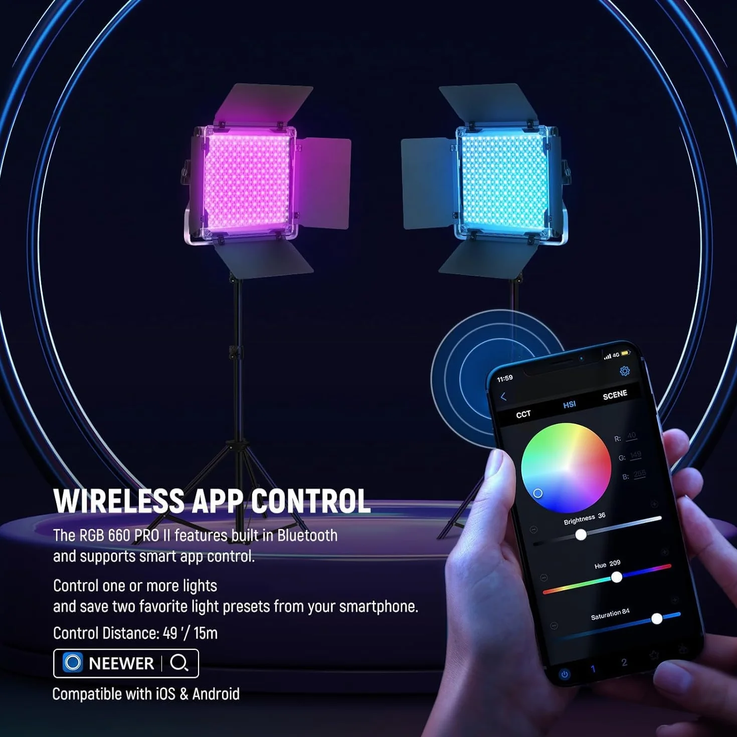 NEEWER Ulepszona lampa studyjna LED RGB ze statywem, sterowana aplikacją, 50 W, 7000 lumenów, IRC97 + 3200-5600K, ściemniany panel fotograficzny, zestaw oświetleniowy, RGB660 Pro II