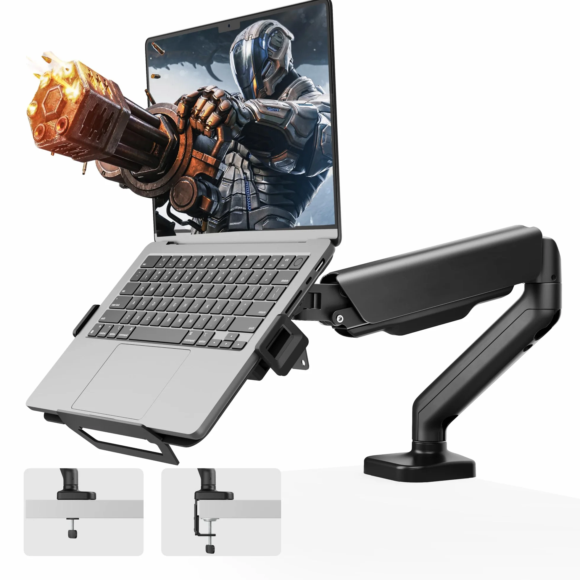 monTEK Uchwyt do Monitora i Laptopa 2 w 1, Regulowane Ramię do Monitora 17–32" i Laptopa 12–18", VESA 75x75/100x100, Mocowanie Zaciskowe lub Przelotowe, Czarny