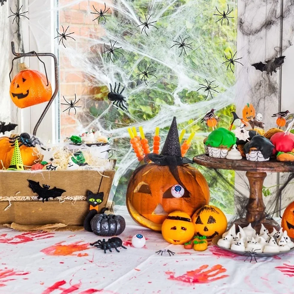 Bluelves 500 g pajęczyny + 25 pająków, dekoracja na Halloween, pajęczyna, dekoracja na Halloween, imprezę, horror, dekoracja na zewnątrz, na imprezę, do ogrodu