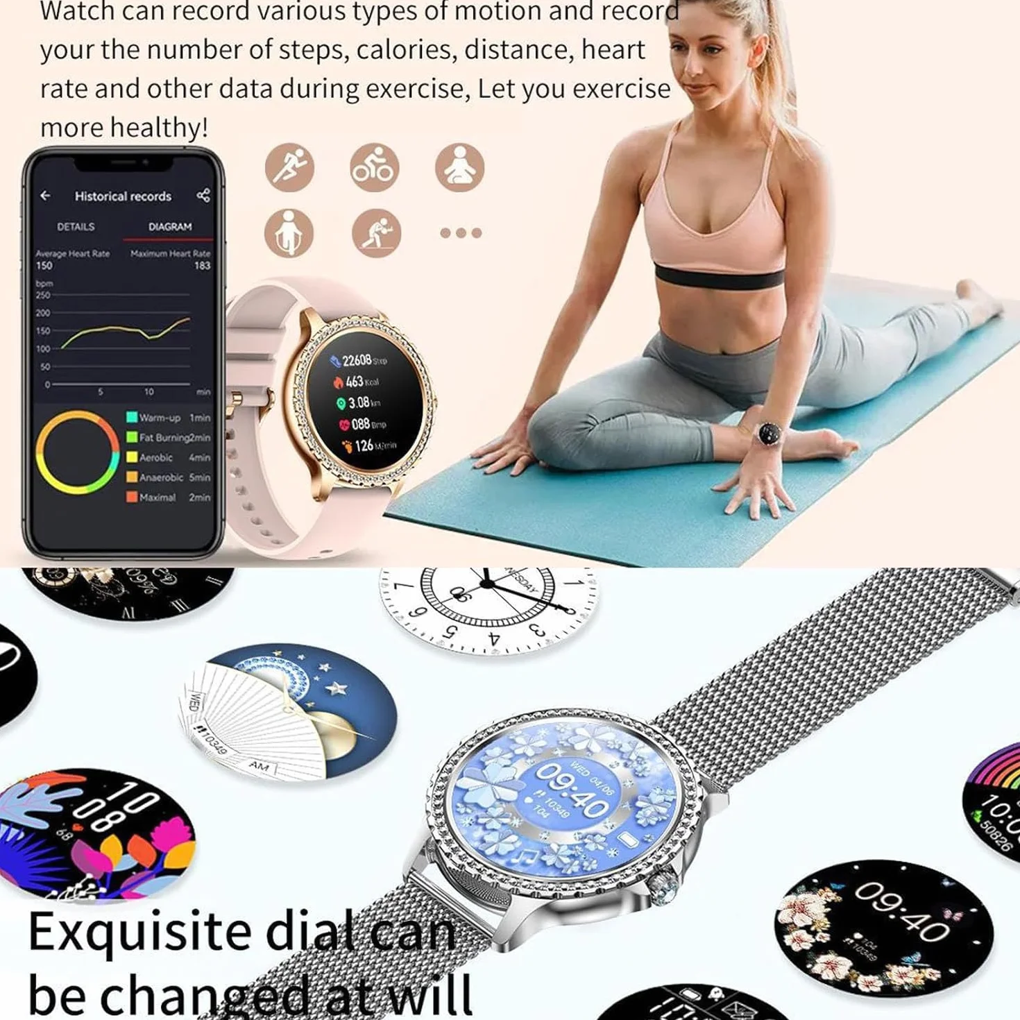 Inteligentny zegarek dla kobiet (odbieranie/wykonywanie połączeń), zegarek do fitnessu z czujnikiem tętna Spo2 podczas snu, smartwatch z krokomierzem i licznikiem kalorii dla telefonów z sys