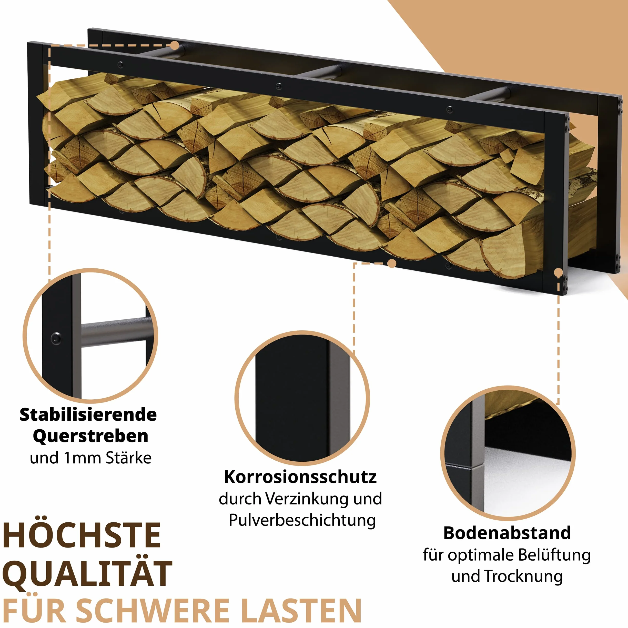 Metalowy regał na drewno kominkowe, ocynkowany, 40 x 25 x 150 cm, regał na drewno opałowe, do użytku wewnątrz i na zewnątrz, regał na drewno kominkowe, do salonu, czarny