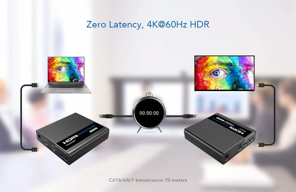 PremiumCord Przedłużacz 4K HDMI na 70 m za pomocą kabla krosowego Cat6 / Cat6A / Cat7, nadajnik i odbiornik podczerwieni, HDMI 2.0, ARC, rozdzielczość wideo Ultra HD 4K @ 60Hz