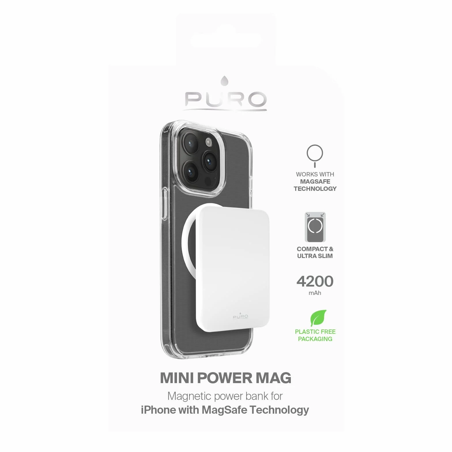 Puro Slim Power Mag Power Bank 4200 mAh, kompatybilny z MagSafe, ultra cienki, 1 cm, bezprzewodowe ładowanie, port Type-C, do iPhone'a 12 i nowszego, biały