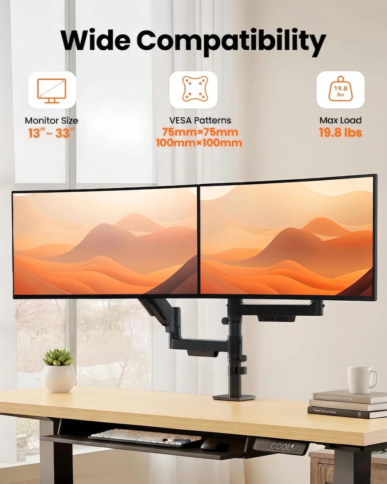 ErGear Podwójne ramię monitora, regulowany pionowy uchwyt biurkowy do ekranów 33–81.3 cm, 9 kg na ramię, zwiększona stabilność ze zintegrowanym zaciskiem C, ulepszone zarządzanie kablami, VESA 75 x 75