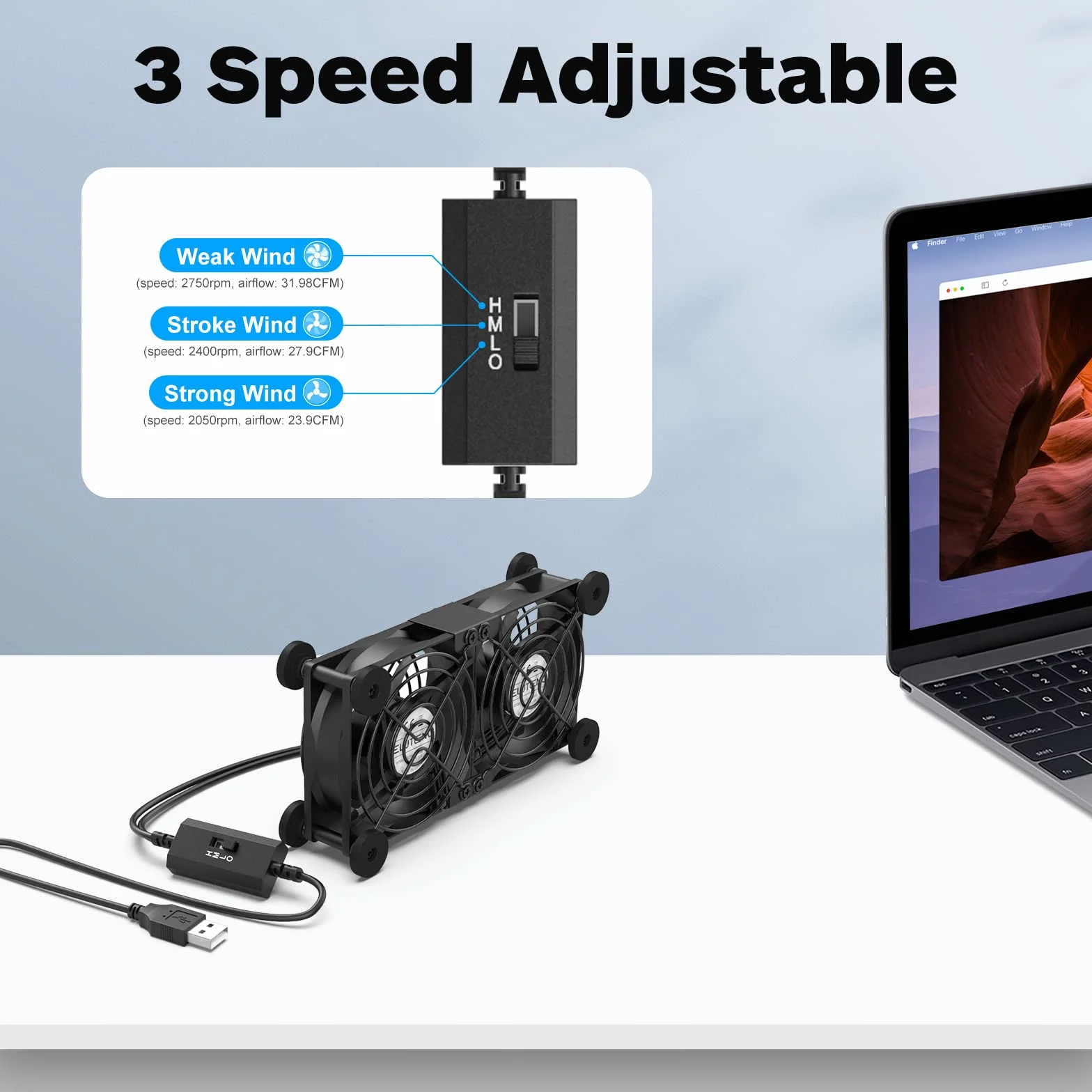 ELUTENG Wentylator USB 2 w 1, 80 mm, 3 stopnie prędkości, dwurzędowy, 5 V, cichy, z 8 nóżkami amortyzującymi wstrząsy, mały, komputerowy, zasilany przez USB, do szafki, routera, PS5, laptopa,