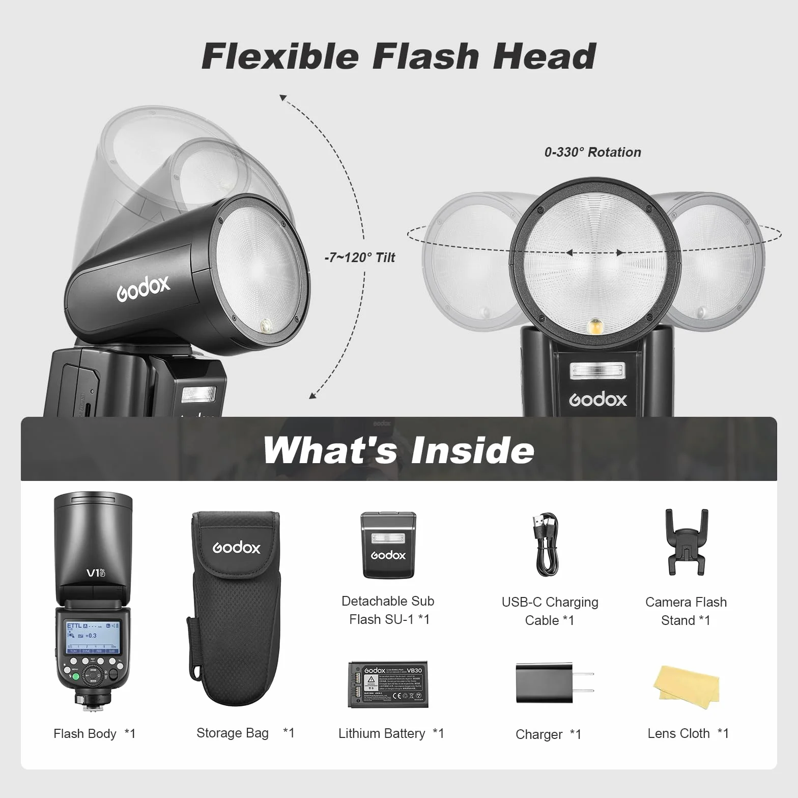 Godox V1PRO-F V1Pro F lampa błyskowa do kamery z okrągłą głowicą z 2 paczkami Godox VB30 2,4 G bezprzewodowy TTL Speedlight Strobe, 76Ws HSS 1/8000s z akumulatorem litowo-jonowym do kamer Fuji