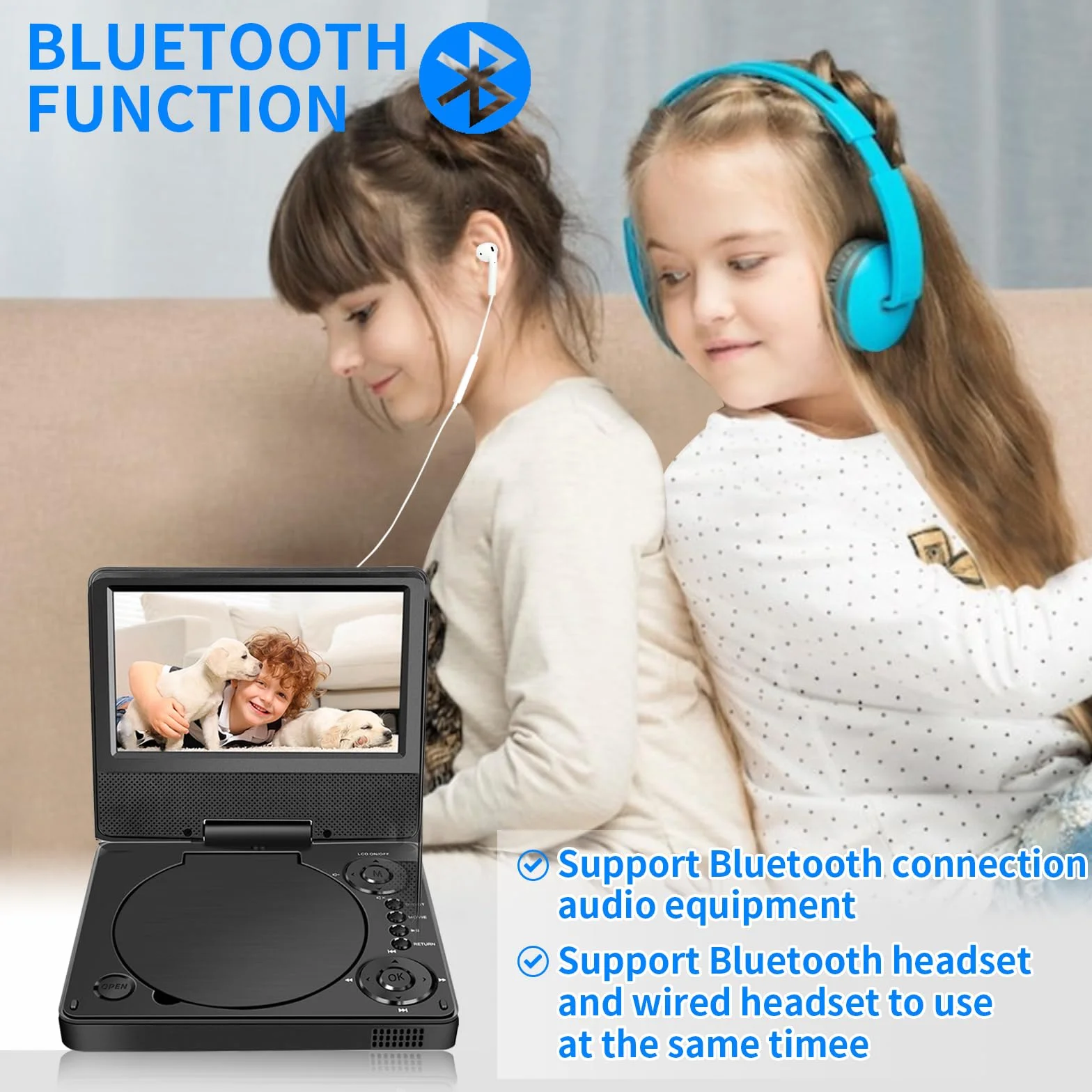 9.5" przenośny odtwarzacz DVD YOOHOO z 7.5" ekranem HD dla dzieci, do noszenia w podróży, telewizor samochodowy na zagłówek, wszystkie regiony, odtwarza wszystkie formaty MKV/MP4/WAV/AVI/MP3/CD/1080P
