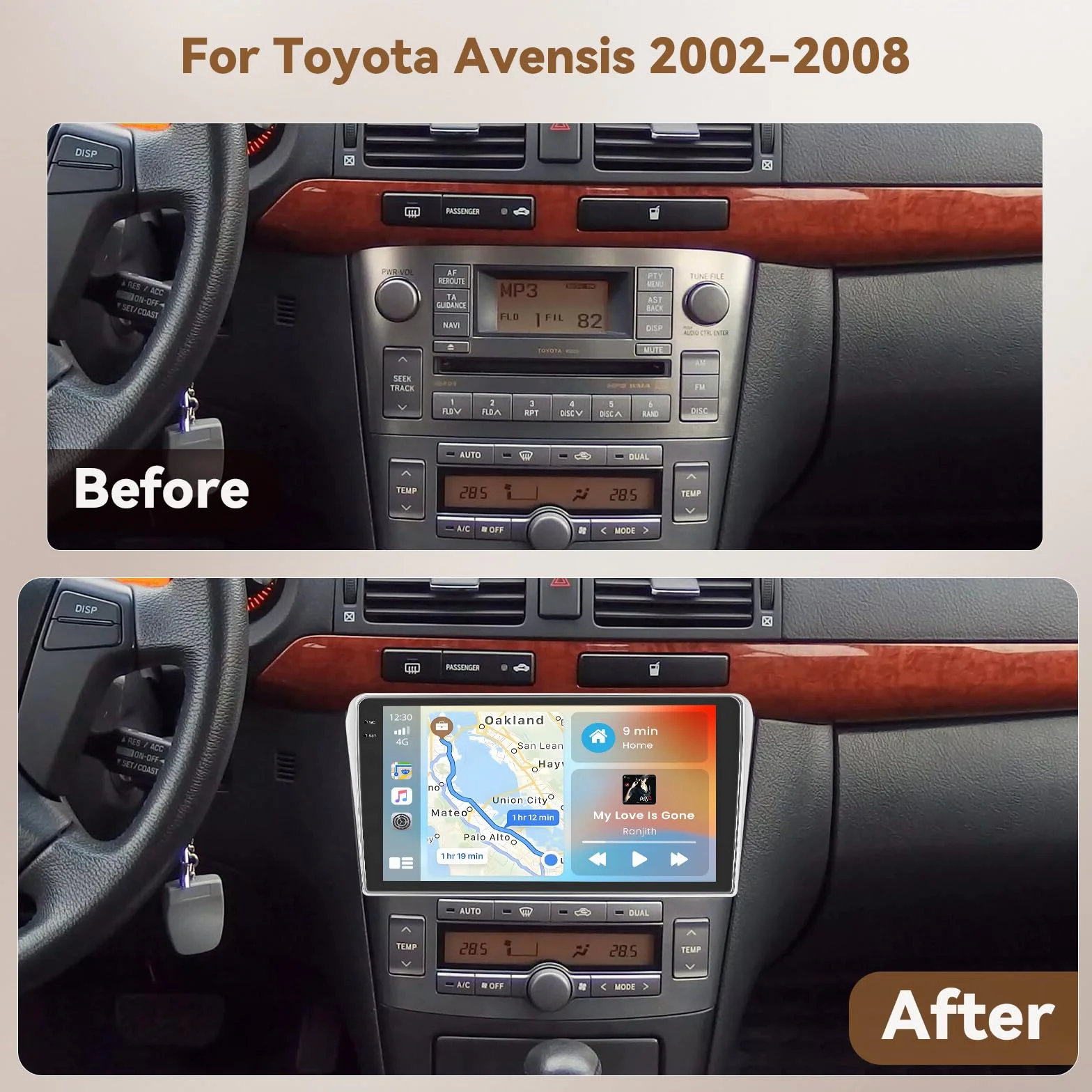 Hikity Radio samochodowe Android 15 4+128G dla Toyota Avensis 2002-2008 z ekranem dotykowym 9 Zoll, radio samochodowe 2DIN z bezprzewodowym odtwarzaczem Carplay Android Auto, FM/RDS Radio BT GPS WiFi