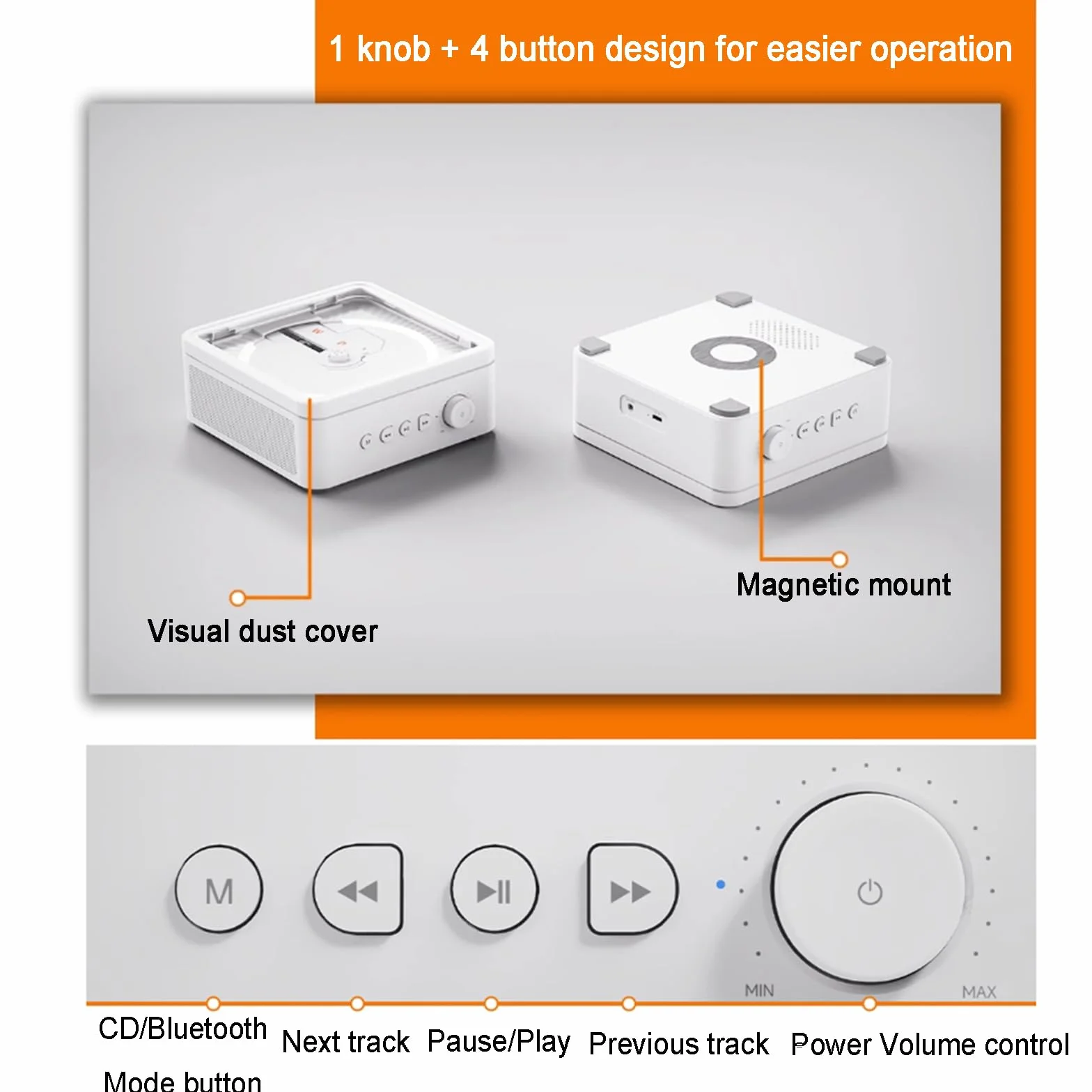 Odtwarzacz CD z Bluetooth, mini kanał Hi-FI z głośnikami, pierścień świetlny o zmiennej intensywności, stojak na biurko i ścianę, obsługa odtwarzania płyt CD/CD-R/CD-RW/MP3/WMA