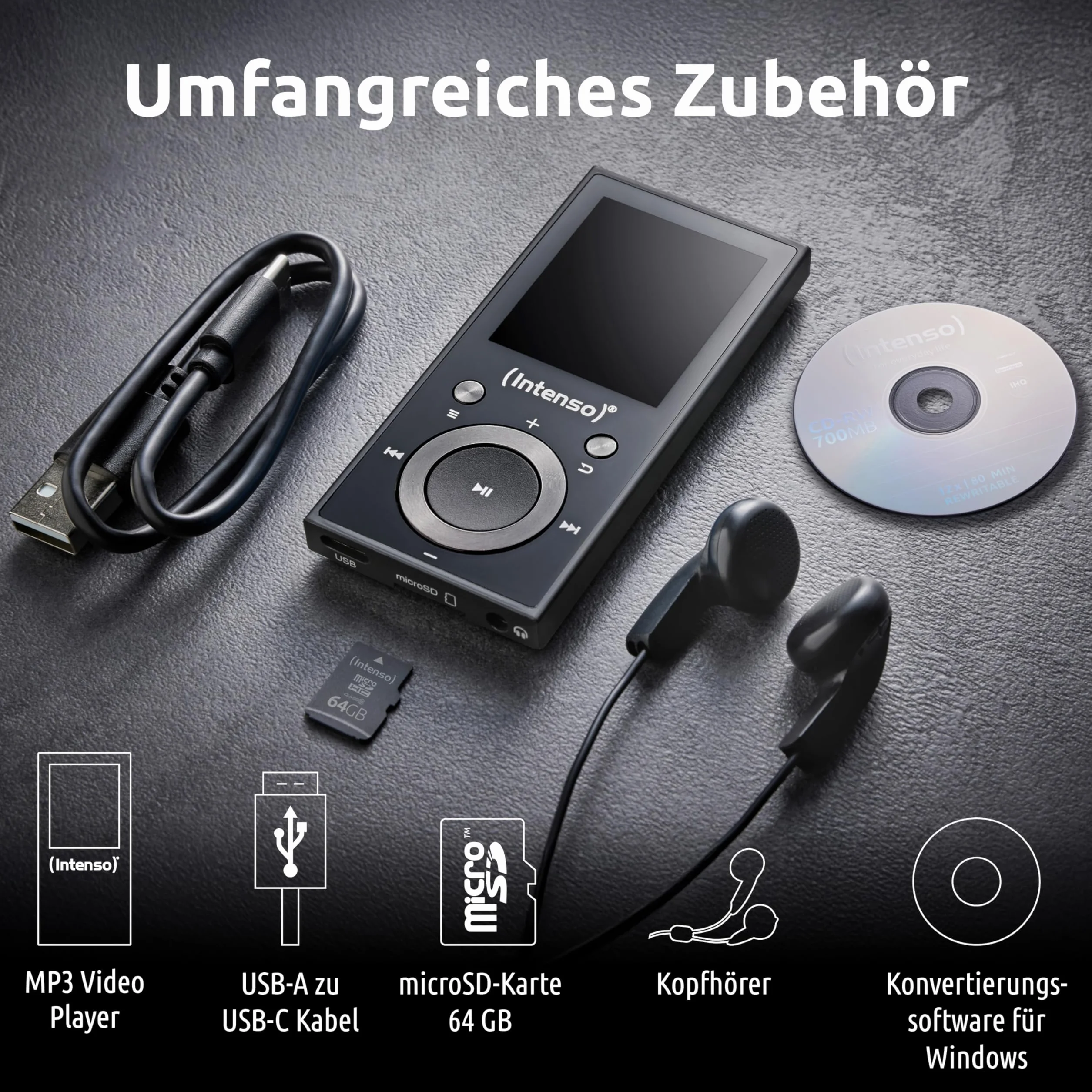 Intenso Video Scooter BT odtwarzacz MP3 z Bluetooth 5.0, kolorowy wyświetlacz 1,8", 64 GB microSD, USB-C, akumulator do 18 h, w zestawie słuchawki, czarny