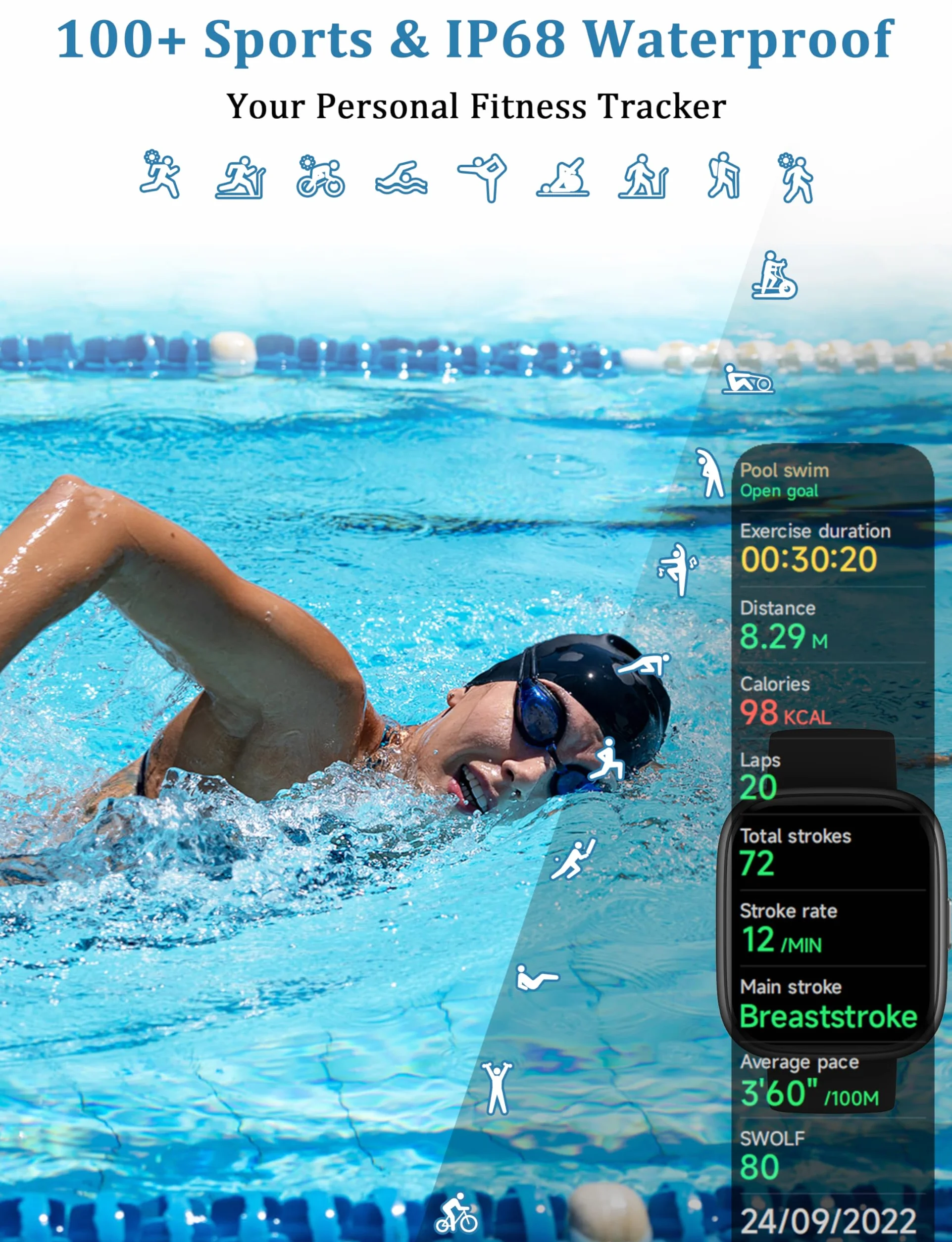 Inteligentny zegarek, wbudowany Alexa, odbieranie/nawiązywanie połączeń, inteligentny zegarek dla kobiet i mężczyzn, smartwatch 1,83'', wodoodporny zegarek sportowy IP68, pulsometr SpO2, monitor