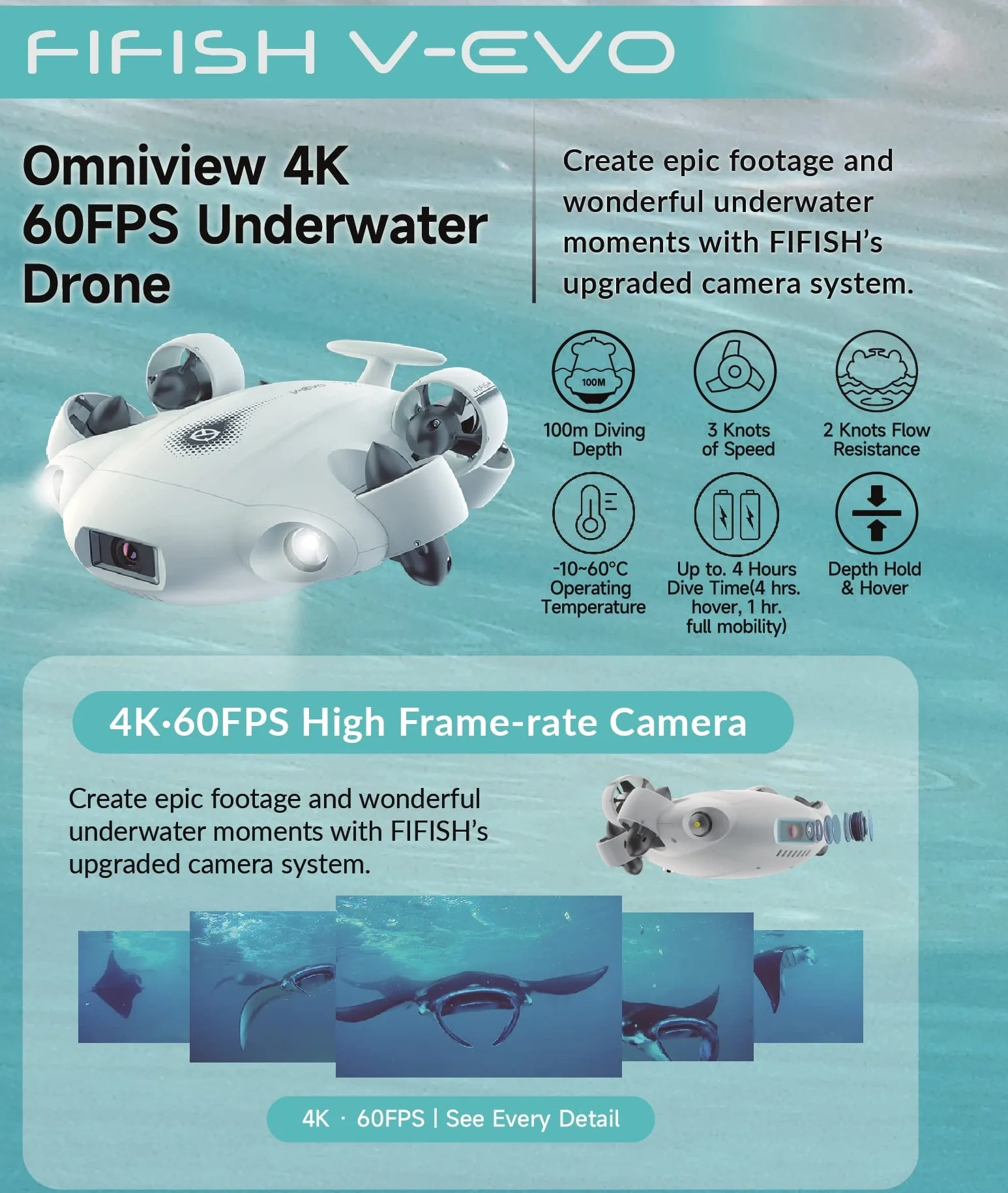 FIFISH V-EVO Podwodny dron 4K z ramieniem robota blokada wzroku AI 360° ruch wielokierunkowy 100 m nurkowanie podwodne ROV