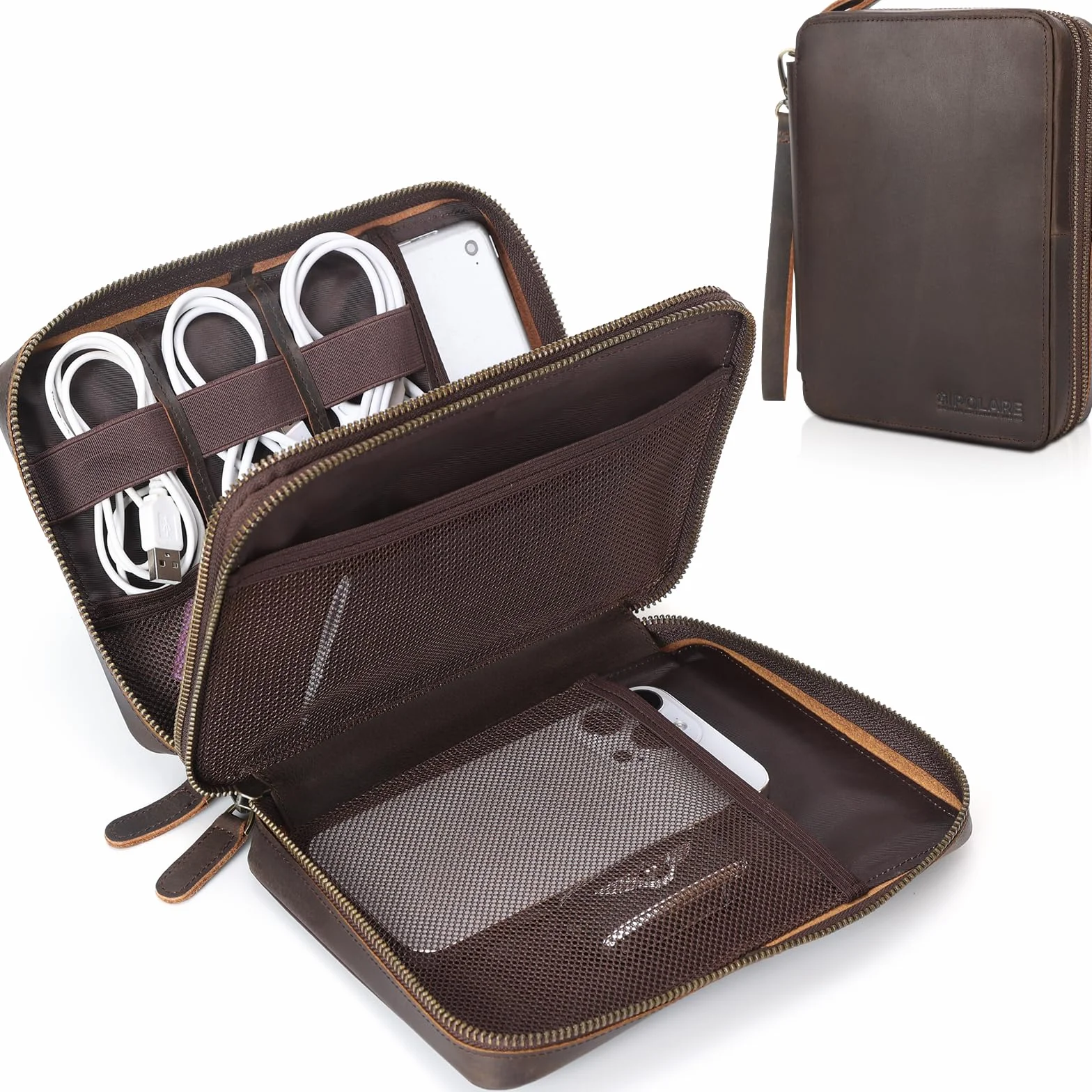 Polarny organizer na kable podróżne ze skóry licowej, dwuwarstwowy, akcesoria elektroniczne, torba z zamkiem błyskawicznym YKK, torba do przechowywania kabli, powerbank, USB, karty SD, ciemnobrązowy