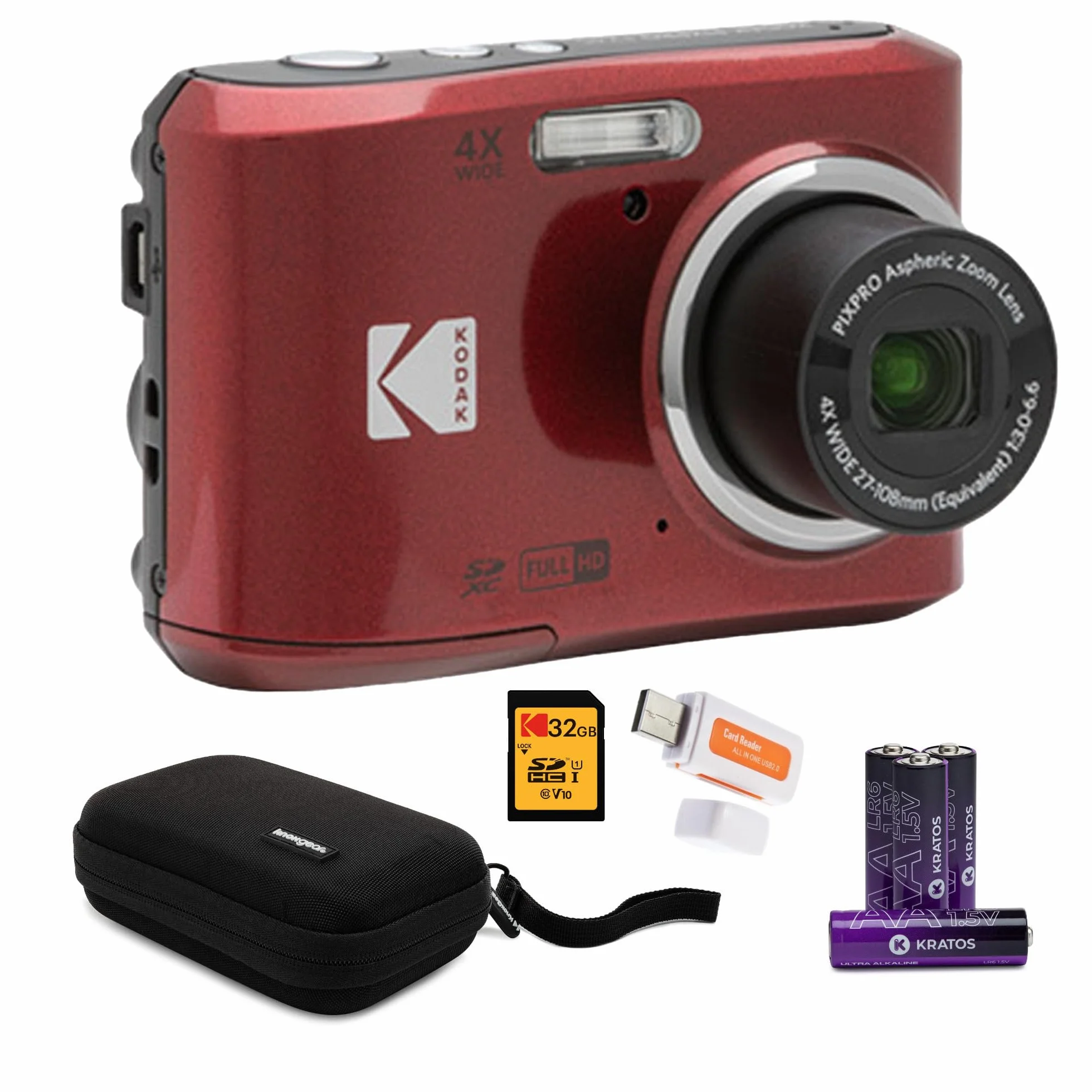 Kodak PIXPRO FZ45 Friendly Zoom aparat cyfrowy (czerwony) zestaw z kartą pamięci 32 GB, organizer podróżny i etui do przechowywania, baterie alkaliczne i czytnik SD (5 sztuk)
