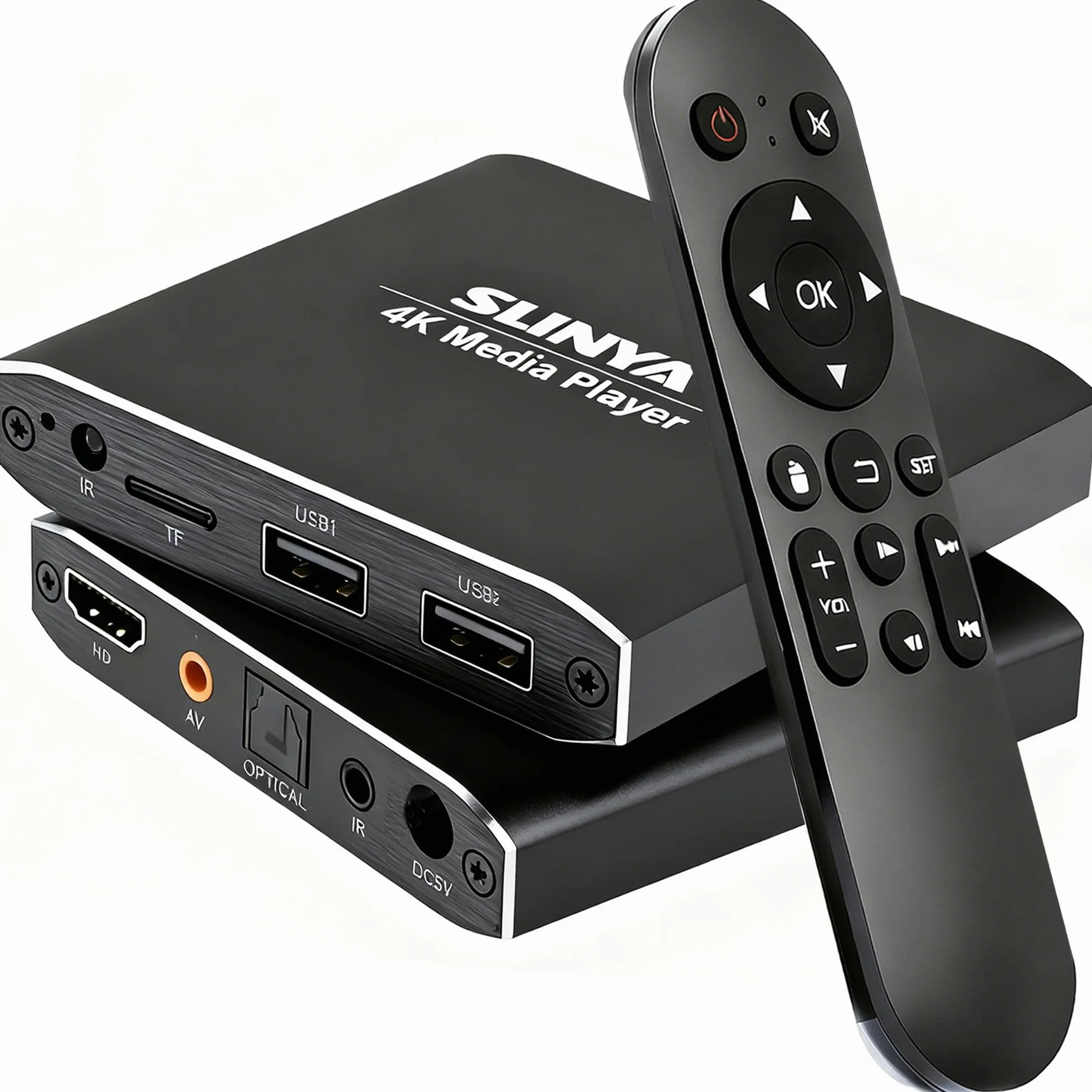 Cyfrowy odtwarzacz multimedialny 4K Ultra HD z pilotem zdalnego sterowania, obsługuje HDD/USB/Micro SD (TF), H.265/HEVC/H.264, MKV/MP4/AVI/PPT, MP3/JPG, HDMI/AV/optyczny, Auto Play