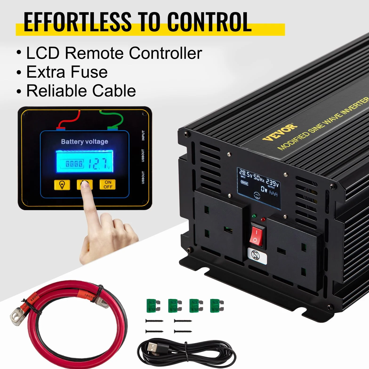 VEVOR Przetwornica fali sinusoidalnej o modyfikowanym napięciu z 24 V DC na 240 V AC Transformator ze zmianą mocy 2000 W na 4000 W, falownik ze zmienioną falą z wyświetlaczem LCD, pilot LCD