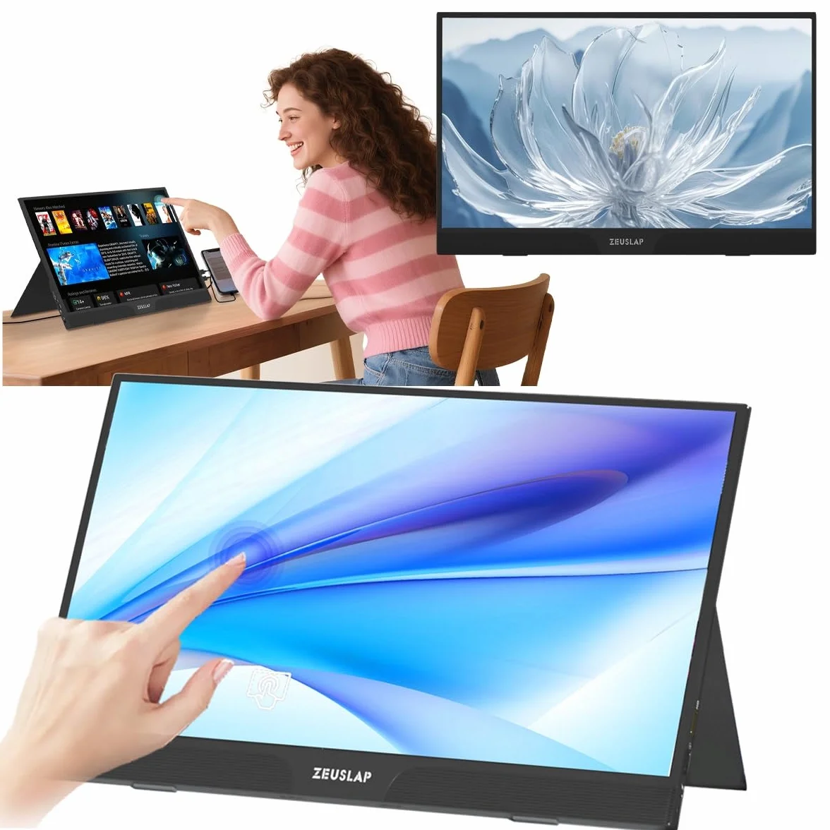 ZEUSLAP Z15ST Przenośny Monitor Dotykowy 15,6" FHD IPS 1920x1080 Full HD USB-C HDMI Ekran Dotykowy 10-Punktowy Monitor do Laptopa Telefonu Konsoli Pracy Rozrywki Multimediów