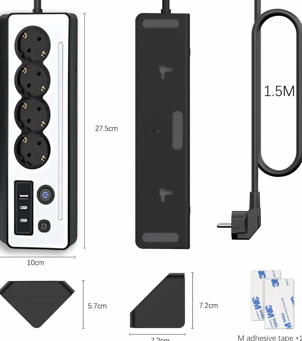Listwa zasilająca narożna, listwa zasilająca, 4 gniazda wtykowe z USB i 2 typami C, listwa zasilająca, ochrona przed przepięciem z diodami LED, kabel 1,5 m, do kuchni, biura, czarna