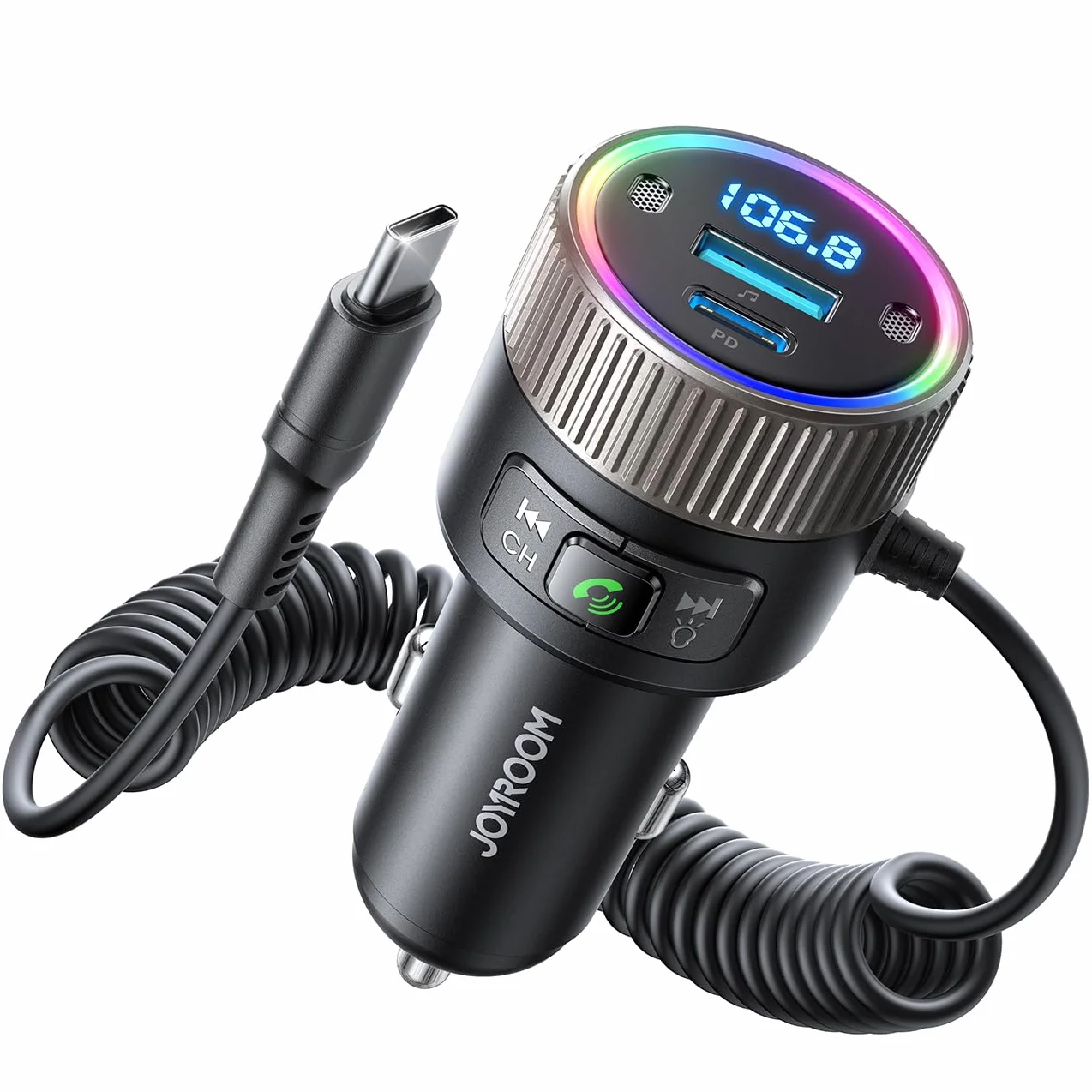 JOYROOM 5.4 Samochodowy Bluetooth 60 W [PD 30W i cewka kablowa typu C 30W] Nadajnik FM Bluetooth Odtwarzacz muzyki bez użycia rąk Stojak na połączenia USB