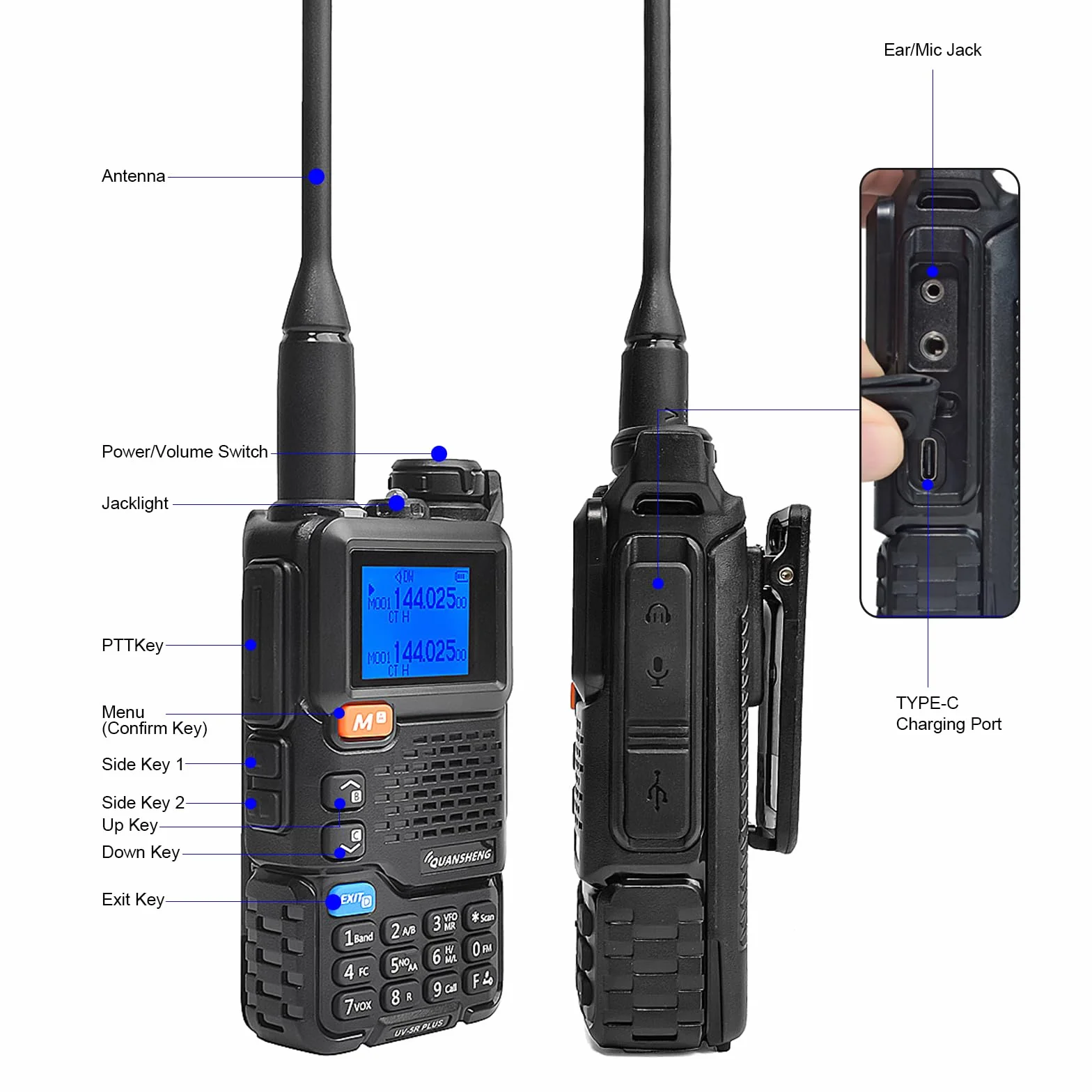 QUANSHENG UV-5RPLUS krótkofalówka 5 W, duży zasięg, wielokrotnego ładowania, dla dorosłych, radio policyjne z FM, NOAA, ładowanie typu C, 200 kanałów (UV-5RPLUS ze słuchawkami w kształcie litery D)