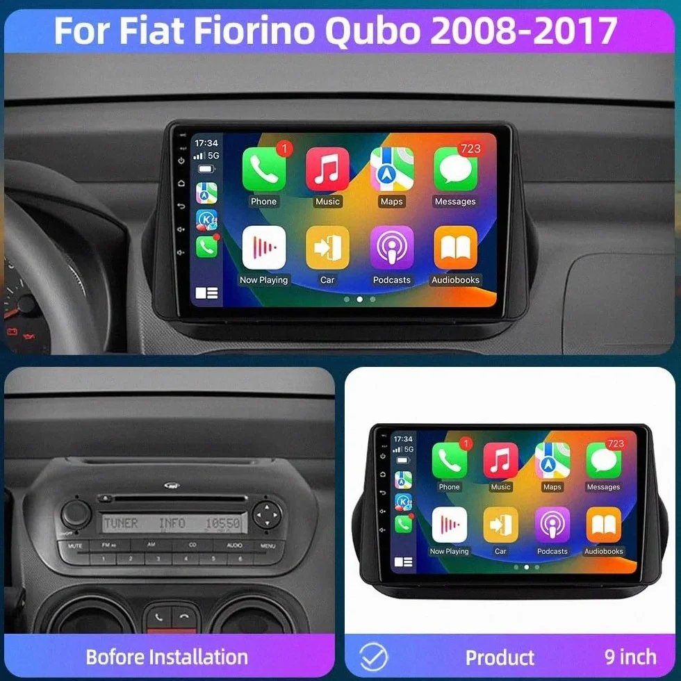 Car Stereo dla Fiat Qubo Fiorino Citroen Nemo 2008-2017 9 Inch Android 15 Touch Screen Wireless Carplay For, 4 Core 4G+64G