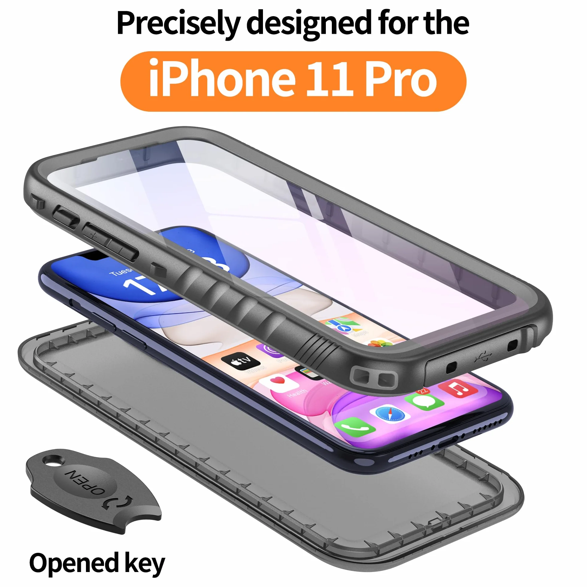 Cozycase Wojskowe Pancerne Etui do iPhone 11 Pro Wodoszczelne IP68 360 Case Z Pełna Ochroną Ekranu i Aparatu Smycz Obudowa Full Dwustronne 11Pro Waterproof Cover Czarny