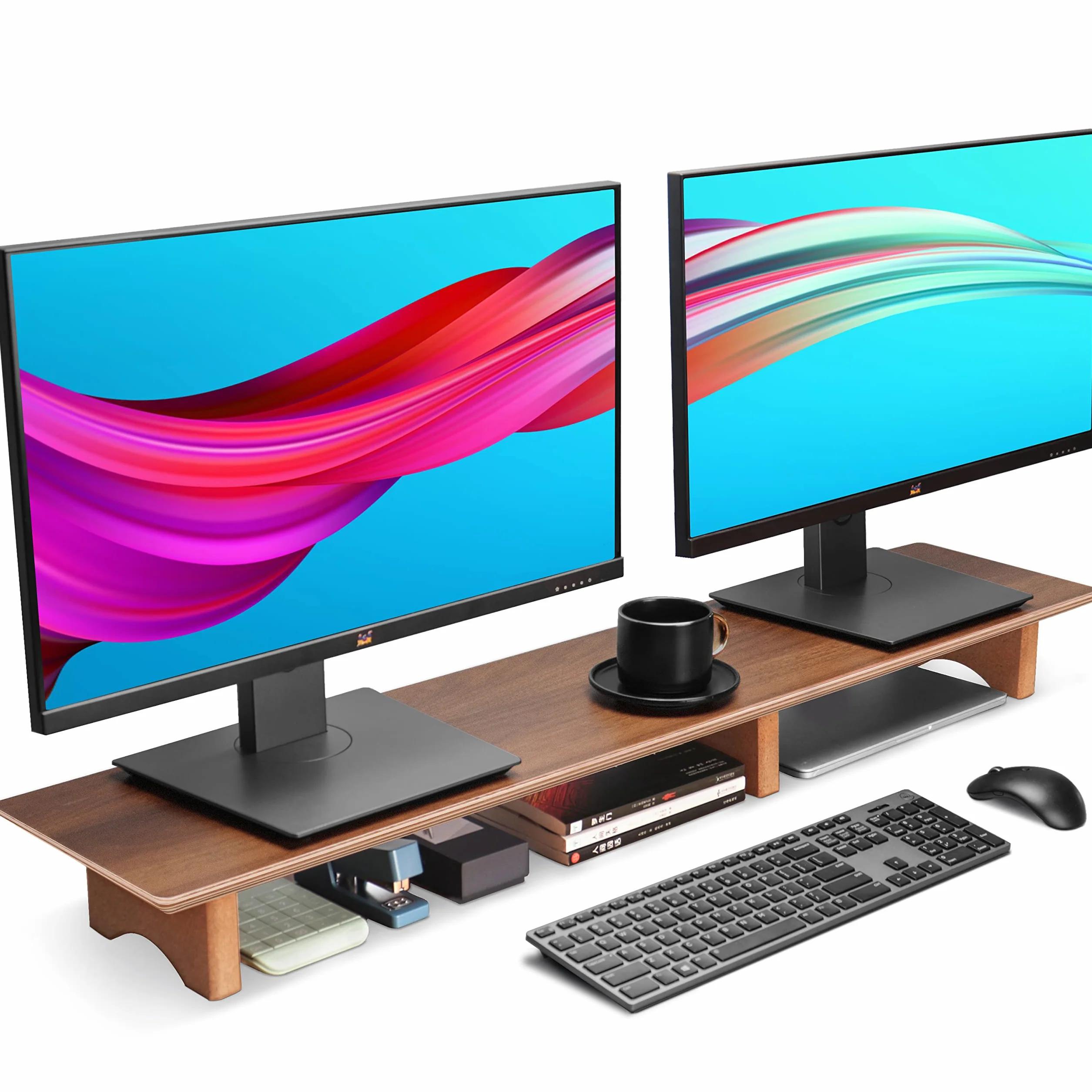 Aothia Duża podstawka pod monitor komputerowy, drewniana półka z ekologicznymi nóżkami korkowymi do ciężkich laptopów/komputerów/TV/PC, idealny organizer regałowy do biura/domu (orzech włoski, duża)