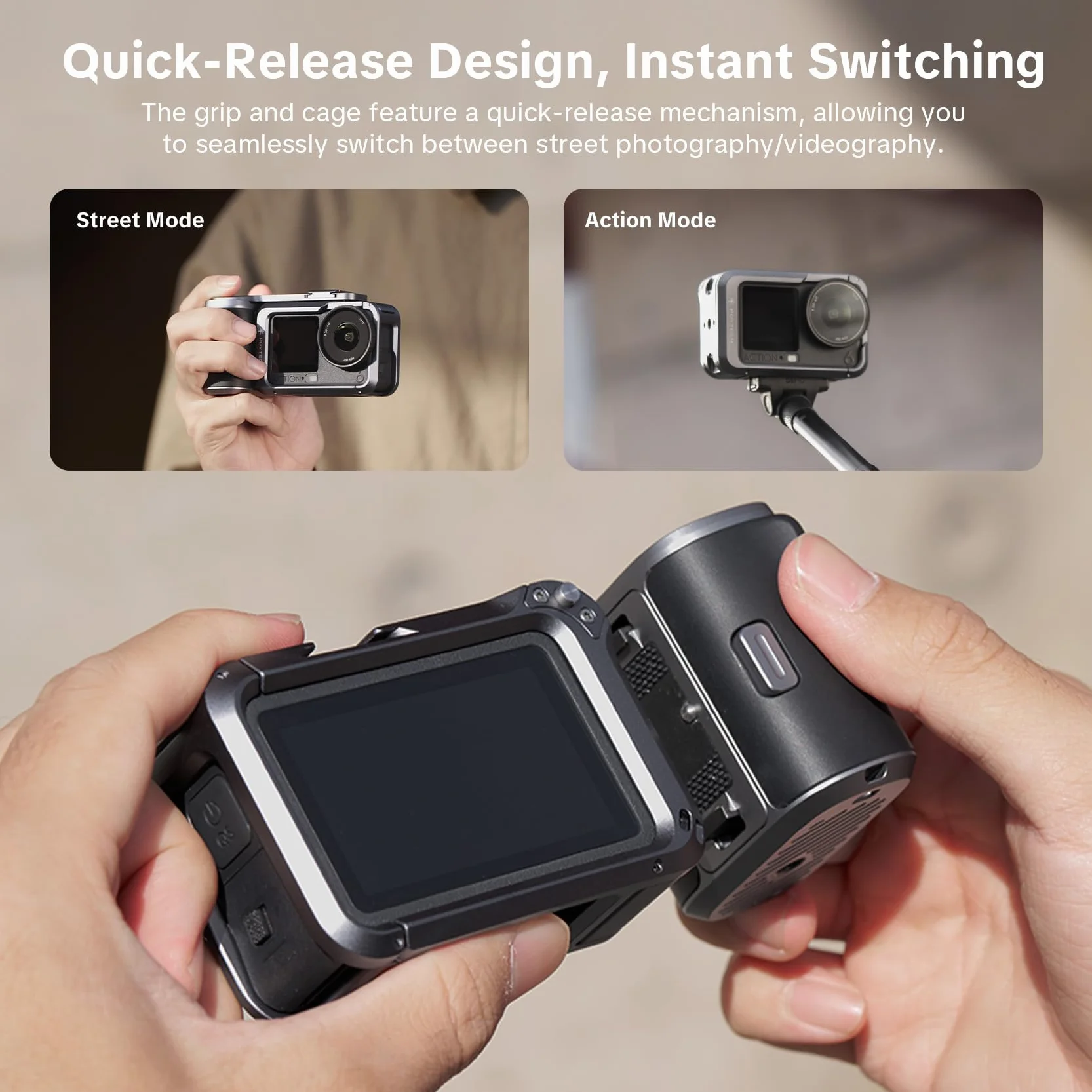 PGYTECH StreetPro Zestaw Uchwyt do Dji Osmo Action 6, Klatka Rig | Ergonomiczny Uchwyt, Mocowanie Zimna Stopka, Szybki Montaż, Stabilny Zestaw Vlogging, Lekkie Aluminium