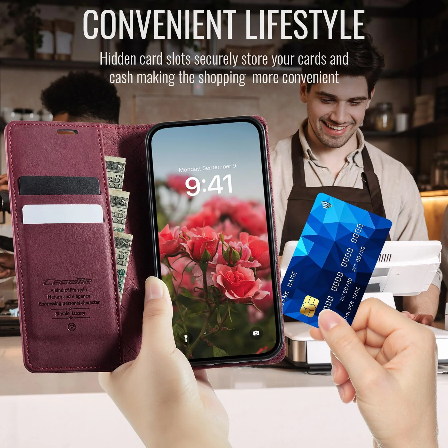 Etui Portfelowe do iPhone 16 Pro z Klapką Etui ze Skóry PU Premium Portfel Przegródki na Karty Mgnetyczne Funkcja Stojaka, Blokada RFID, Etui na Telefon iPhone 16 Pro, Czerwony